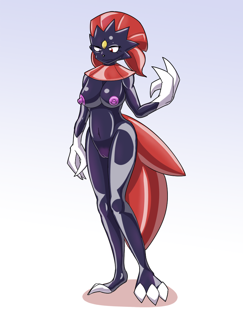 aaronyata_seyr'ite angry big_breasts big_nipples blue_eyes bodysuit breasts cameltoe claws cubi female goo hair helixjack heterochromia nipples pink_nipples png pokemon pokesuit pussy red_eyes red_hair rubber shiny skinsuit standing succubus transformation unhappy weavile weavileprince