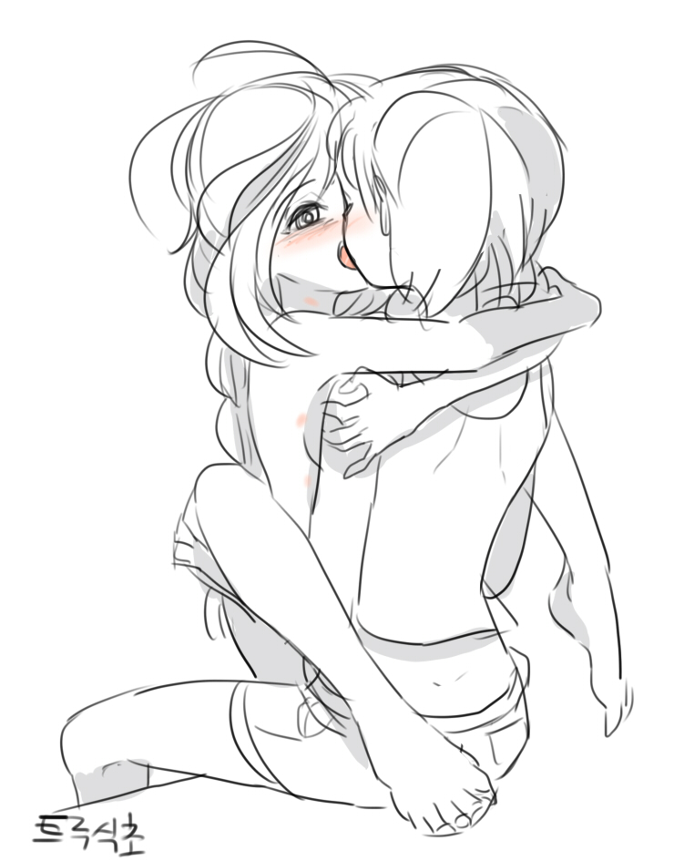 2girls, anna (frozen), barefoot, blush, breast grab, breasts, disney, elsa (frozen), female, female only, frozen (film), hug, human, incest, kissing, long hair, monochrome, multiple females, nude, open mouth, rough sketch, siblings, siku (blackstarmon), sisters, tongue, yuri
