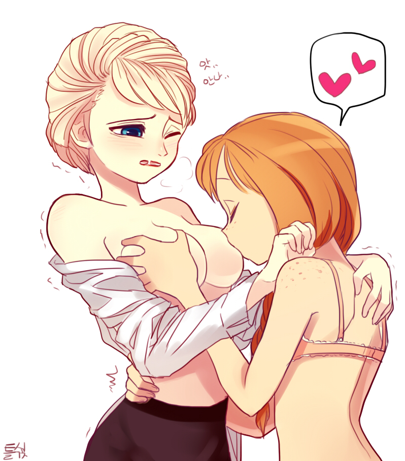 2girls, anna (frozen), blonde hair, blue eyes, blush, bra, braids, breast grab, breast sucking, breasts, disney, elsa (frozen), female, female only, freckles, frozen (film), hug, human, incest, korean text, long hair, multiple females, multiple girls, open clothes, open shirt, orange hair, shirt, siblings, siku (blackstarmon), sisters, speech bubble, spoken heart, sucking, text, topless, yuri
