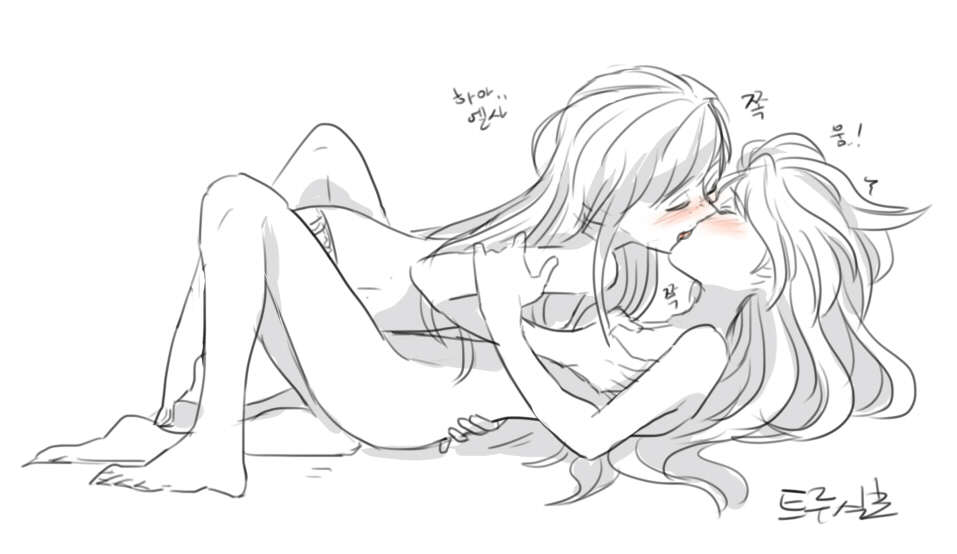 2girls, anna (frozen), blush, breast grab, breasts, disney, elsa (frozen), female, female only, frozen (film), hair down, human, incest, kissing, long hair, monochrome, multiple females, nude, open mouth, rough sketch, siblings, siku (blackstarmon), sisters, yuri