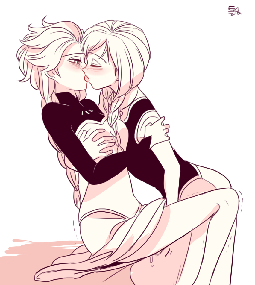 2girls, anna (frozen), blush, braids, breast grab, breasts, closed eyes, disney, elsa (frozen), female, female only, fingering, frozen (film), human, incest, long hair, multiple females, multiple girls, siblings, signature, siku (blackstarmon), sisters, text, yuri
