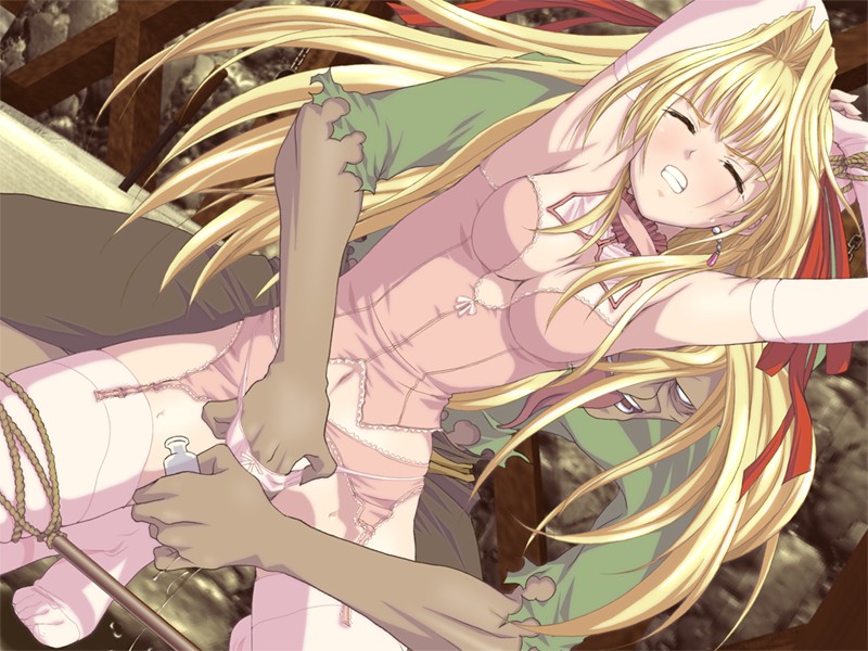 1boy arms_up blonde_hair blush bondage censored cleavage clenched_teeth elbow_gloves female fingering forced garter_belt groping hair_ribbon hand_in_another's_panties hand_in_panties kneeling lingerie long_hair lube molestation ribbon rope soubi_kenkyuusho spreader_bar sweat tears thighhighs wince