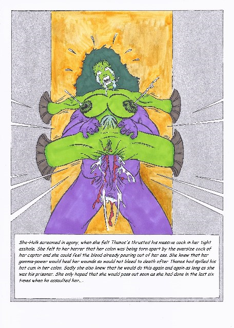 1girls anal avengers ben1804 big_breasts blood bondage breasts female female_focus gigantic_penis green_hair green_skin hulk_(series) living_sex_toy male marvel marvel_comics nipples nude painful_anal painful_penetration purple_skin pussy rape restrained she-hulk stomach_bulge straight tears thanos