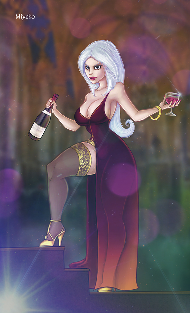 dress glass high_slit_dress miycko red_dress seraphina_(zero_one) stockings white_hair wine