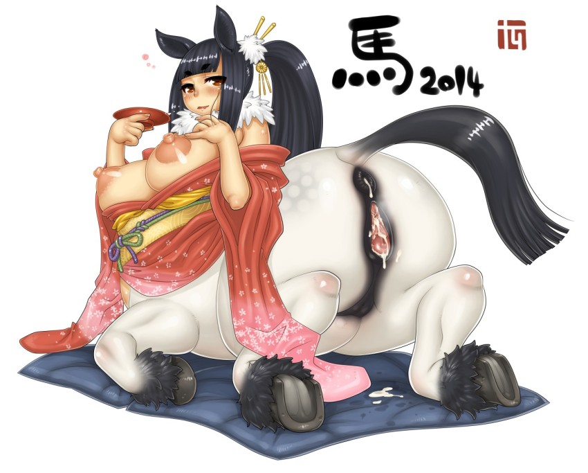 aftersex, all fours, animal ears, animal genitalia on humanoid, anus, areola, ass, bangs, bare shoulders, black hair, blunt bangs, blush, bottomless, breasts, breasts out, brown eyes, centaur, chinese zodiac, cum, cum in ass, cum in pussy, cumdrip, drunk, equine pussy, excessive cum, feather boa, female, from behind, hair ornament, hair stick, hand on breast, hooves, horse anus on humanoid, horse ears, horse pussy on humanoid, huge areolae, huge breasts, huge nipples, japanese clothes, jon henry nam, kimono, kneeling, large areolae, large nipples, long hair, looking back, monster girl, nipples, no bra, off shoulder, original, overflow, perky breasts, ponytail, puffy anus, puffy areola, pussy, raised tail, sakazuki, solo, steam, tail, taur, tied hair, uncensored, wide sleeves, year of the horse