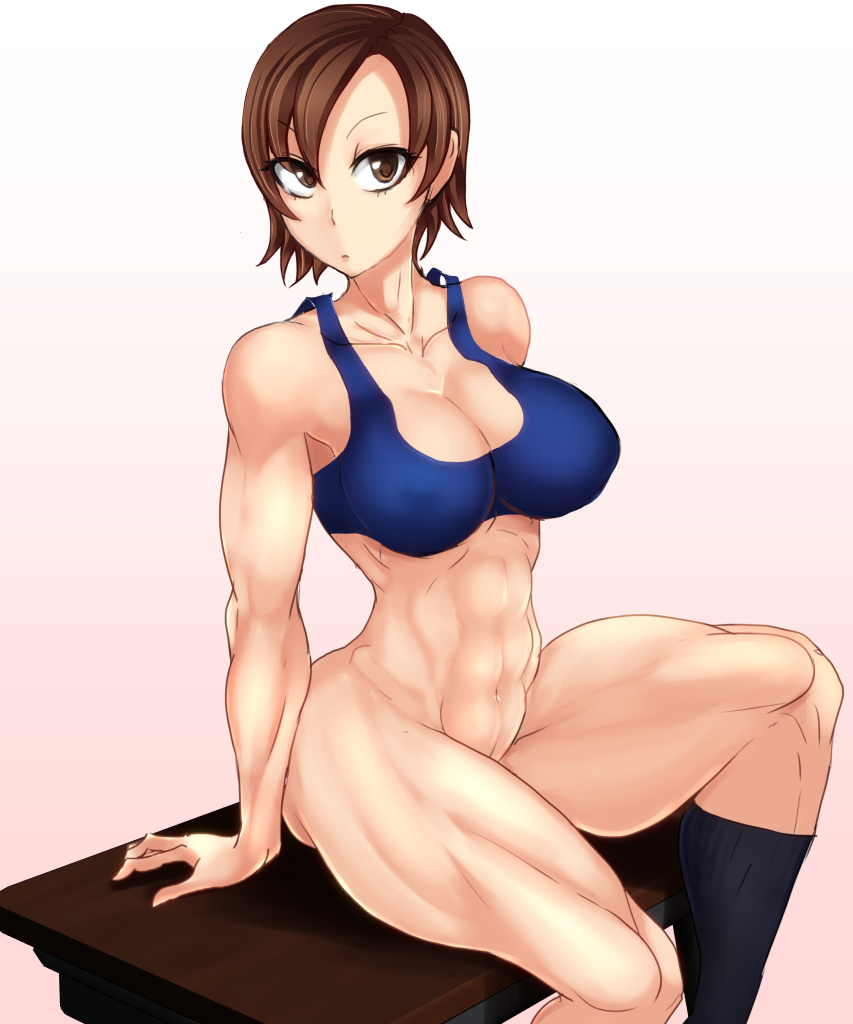 abs bottomless breasts brown_eyes brown_hair cleavage female kazama_asuka large_breasts muscle muscular_female muscular_thighs school_desk sitting sitting_on_desk socks solo sports_bra tekken thick_thighs thighs tomliat