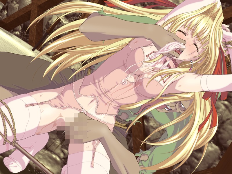 1boy arms_up blonde_hair blush bondage censored cleavage closed_eyes elbow_gloves female female_orgasm fingering forced forced_orgasm garter_belt groping hair_ribbon kneeling lingerie long_hair lube molestation open_mouth orgasm panties_in_mouth pussy_juice ribbon rope soubi_kenkyuusho spreader_bar sweat tears thighhighs wince