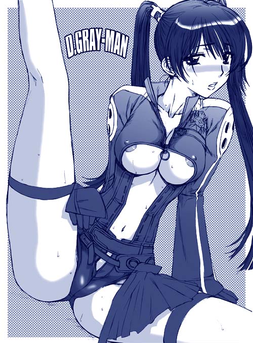 1girls areola areola_slip areolae black_hair blush breasts cameltoe cleavage d.gray-man erect_nipples female gloves hanzaki_jiro hanzaki_jirou lenalee lenalee_lee long_hair monochrome rinari solo spread_legs stockings sweat thighhighs tied_hair twintails underboob