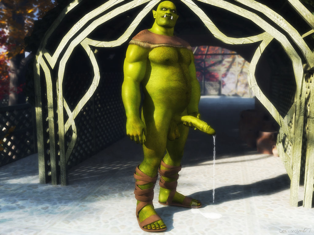 1boy 1male 3d bald bottomless corwyn cum cumdrip dangling_testicles foreskin green_skin hairy intact male male_nipples male_only orc orc_male pointy_ears retracted_foreskin sandals solo tusks uncut warcraft