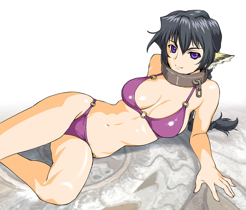 1girls animal_ears arm_support big_breasts bikini busty cat_ears cleavage collar confident hair karura_(utawarerumono) large_breasts looking_at_viewer lying navel pose posing purple_eyes seductive seductive_smile sensual smile solo swimsuit ueyama_michirou utawarerumono voluptuous