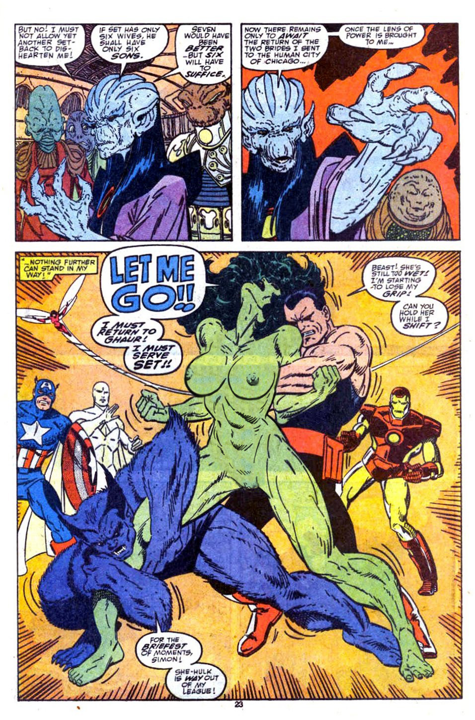 1girls abs areola avengers barefoot beast_(x-men) black_hair blue_fur breasts captain_america clothed_male_nude_female cmnf comic costume cybernetics dialogue edit english english_text feet female green_nipples green_skin hank_mccoy iron_man janet_van_dyne john_byrne marvel marvel_comics mask multiple_boys multiple_males muscles navel nipples nude photoshop pussy restrained she-hulk shield steve_rogers straight_hair superhero superheroine text tony_stark vision wasp_(marvel) wide_hips wonder_man x-men