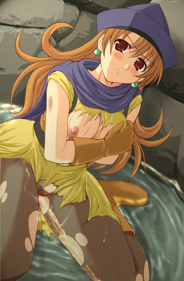 akino_hamo alena_(dq4) blush breasts cape clothing dragon_quest dragon_quest_iv dress large_breasts long_hair panties panties_under_pantyhose pantyhose pubic_hair red_eyes red_hair torn_clothes torn_pantyhose underwear water wet yellow_dress