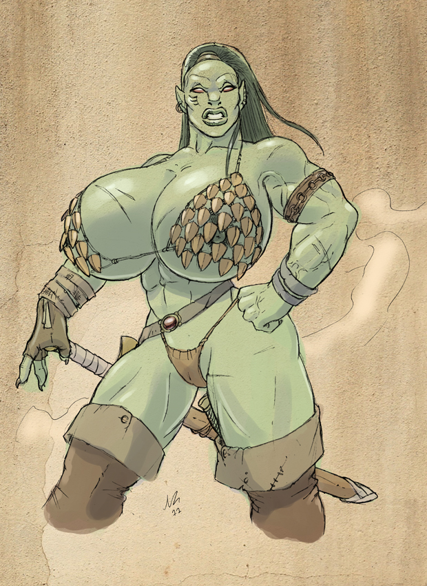 2011, abs, areola, armband, bandages, belt, biceps, big areola, big breasts, big nipples, bimbo, bra, breasts, clenched teeth, earrings, female, female only, fingerless gloves, gideon, green hair, hips, hyper breasts, long hair, looking at viewer, muscle tone, muscles, muscular, muscular female, nipples, orc, orc female, perky breasts, plump labia, plump lips, pointy ears, ponytail, pose, pussy, pussy bulge, scars, sharp fingernails, skimpy, solo, solo female, sword, thick thighs, thigh high boots, thighs, thong, tied hair, ul-rah (gideon), veins, weapon, wristbands, yellow eyes