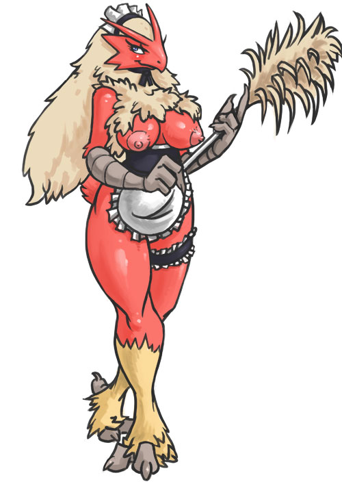 anthro anthrofied apron apron_only areola beak big_breasts biped bird_feet bittenhard black_clothing blaziken blue_eyes breasts chest_tuft cleaning_tool clothed clothing feather_duster feathers female fur grey_clothing holding_object maid maid_uniform mostly_nude multicolored_body multicolored_feathers nintendo nipples non-mammal_breasts non-mammal_nipples pink_areola pink_nipples pokemon pokemon_(species) pokemorph red_beak red_body red_breasts red_feathers red_tail_feathers simple_background solo standing tail_feathers tuft two_tone_body two_tone_feathers uniform video_games white_background yellow_body yellow_feathers