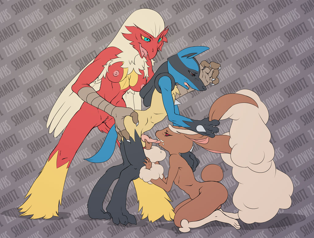 1girls 2boys bisexual blaziken domination female female_pokemon femdom furry lopunny lucario male male/female male/male male_lopunny male_pokemon male_pokemon/female_pokemon male_pokemon/male_pokemon nintendo pokemon pokemon_(species) shmutz-art video_games