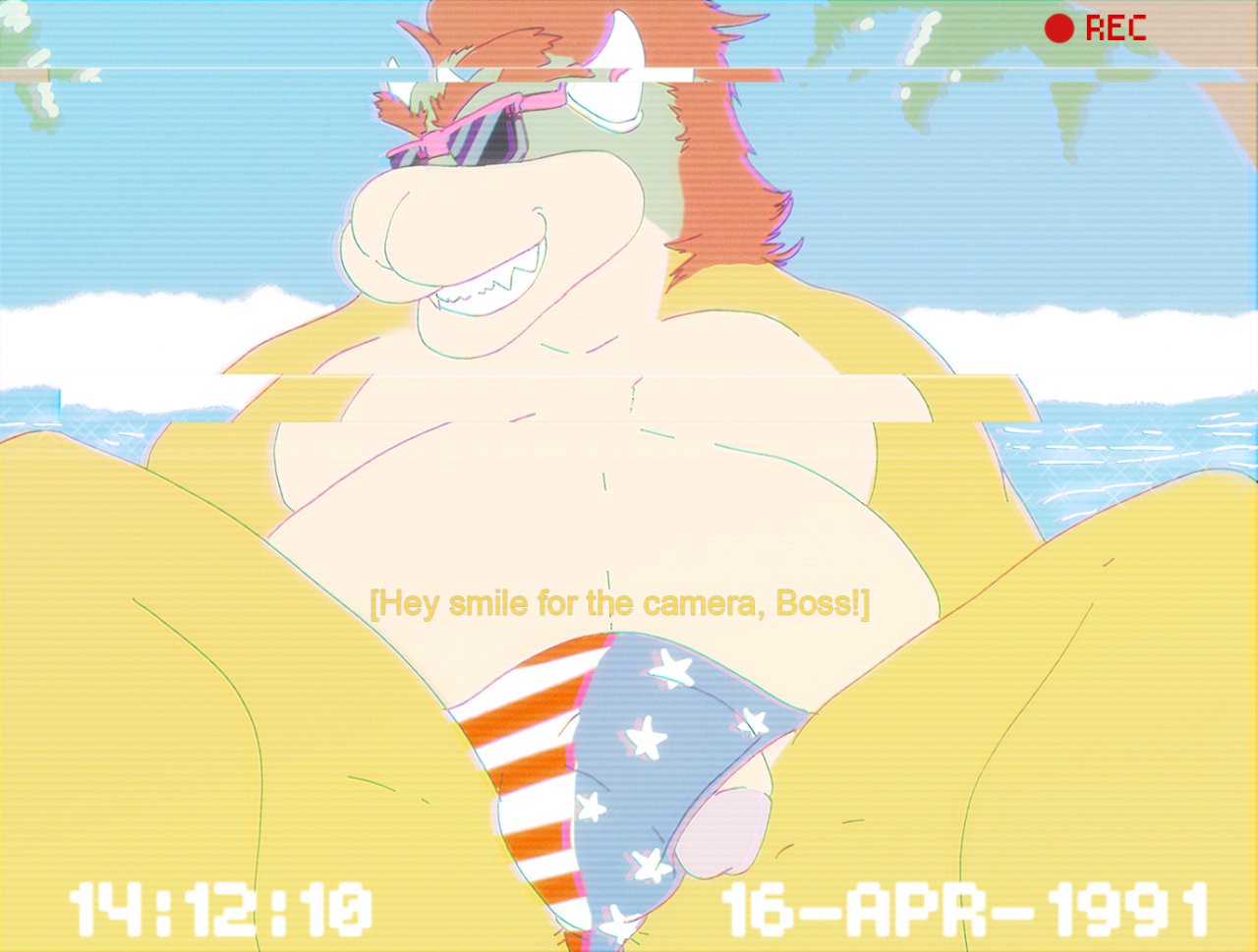 beach belly bowser bulge chubby dialog eyewear flaccid grin hair horn male male_only mario_(series) nintendo palm_tree penis recording red_hair rohly sea seaside solo speedo sunglasses swimsuit teeth text thong wardrobe_malfunction water