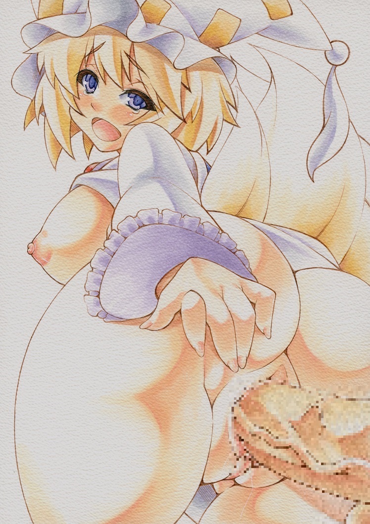 ass blonde_hair blue_eyes blush breasts censored doggy_style female fox_tail fur hand_on_ass hat large_breasts marker_(medium) mechanical_pencil millipen_(medium) mosaic_censoring multiple_tails nipples open_mouth pencil penis ran_yakumo sex short_hair tail tears touhou traditional_media vaginal_penetration veins veiny_penis yutakasan-love