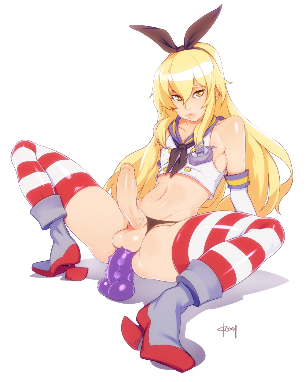 1boy, anal, anal insertion, anal masturbation, anal penetration, balls, blonde hair, boots, dildo, doxy, erection, femboy, foreskin, girly, hair ribbon, kantai collection, large penis, long hair, male, male only, masturbation, navel, panties, panties aside, penis, rule 63, sex toy, shimakaze (kantai collection), shimakaze-kun, simple background, sitting, solo, striped, striped legwear, testicles, thighhighs, trap, uncircumcised, white background, yellow eyes