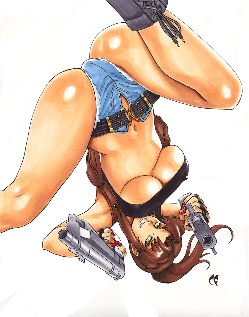 1girls, ass, big breasts, bimbo, black lagoon, boots, breasts, brown hair, brunette, busty, chris foulkes, cleavage, clothed, color, colored nails, cutoffs, daikkenaurora, daisy dukes, denim, denim shorts, dual wielding, erect nipples, female, female focus, female only, fingerless gloves, fingernails, gloves, grin, gun, guns, holster, human, human only, large breasts, long hair, nail polish, navel, nipple bulge, nipples, nipples visible through clothing, no bra, painted nails, pistol, ponytail, pussy, red nails, revealing clothes, revy, round ears, shaved pussy, short shorts, shorts, simple background, smile, smiling, solo, solo female, solo focus, straight hair, teeth, tied hair, uncensored, underboob, upside-down, voluptuous, weapon, white background, yellow eyes