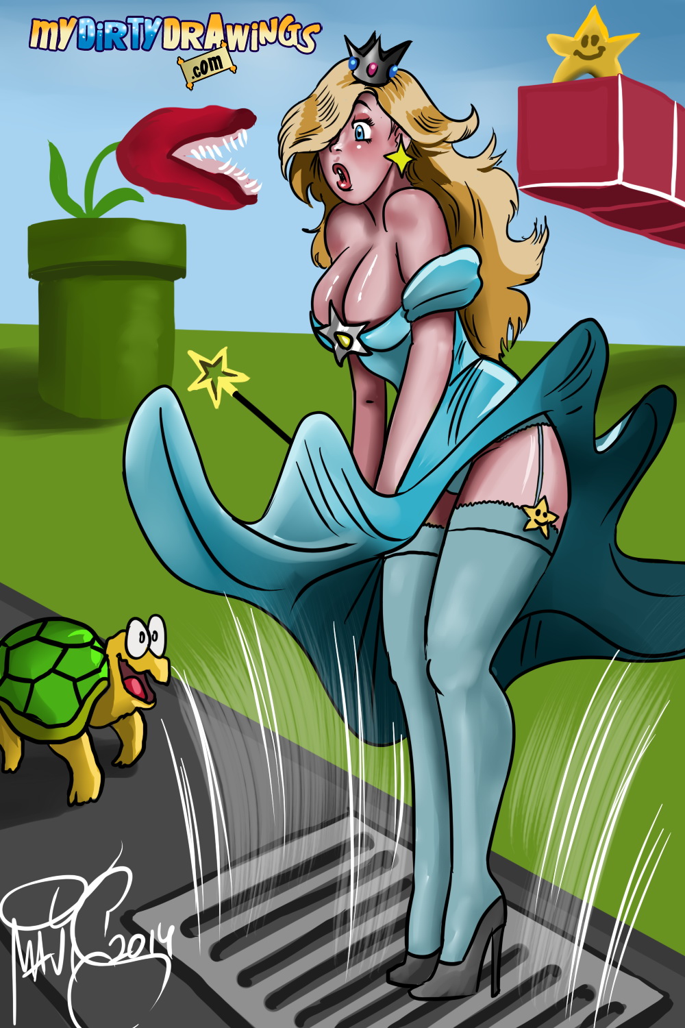 cleavage dress dress_tug female hair_over_one_eye high_heels human koopa_troopa mario_(series) mavruda nintendo piranha_plant princess_rosalina stockings super_mario_bros. upskirt warp_pipe wind wind_lift