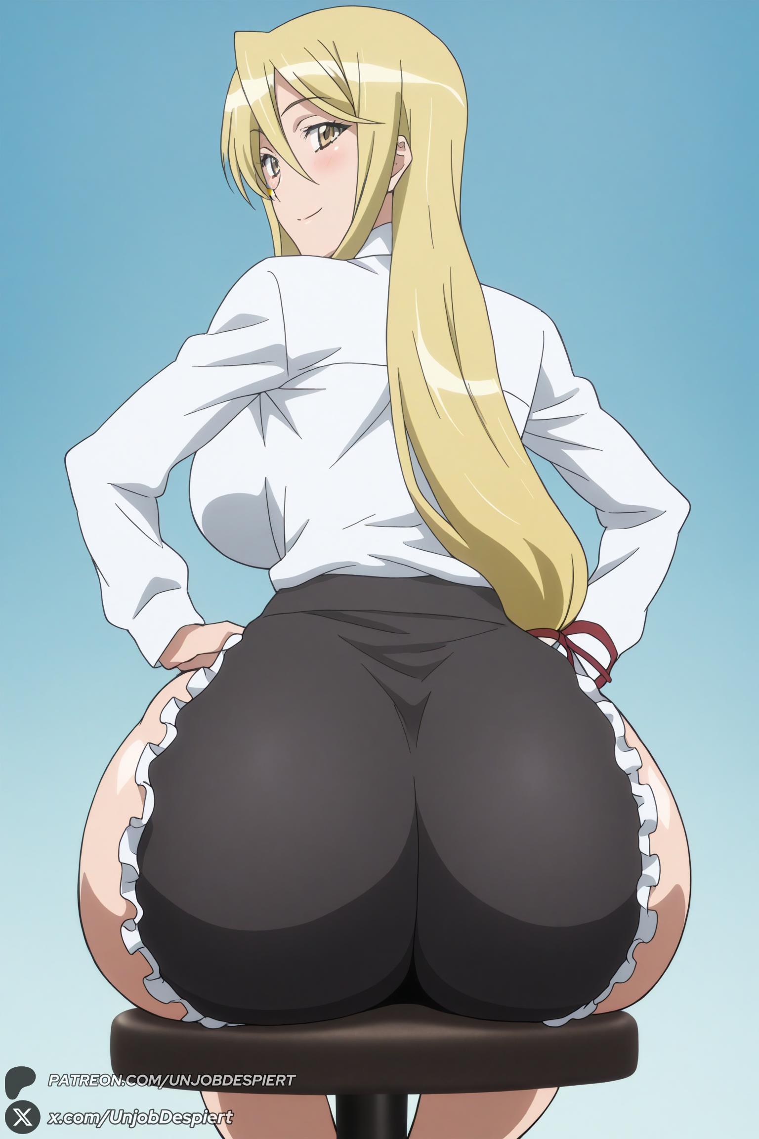 1female, 1girl, 1girls, 2026, ai generated, artist name, ass, ass focus, bangs, big ass, big breasts, black skirt, blonde hair, blue background, blush, breasts, brown eyes, curvy, female, female only, frills, from behind, hair between eyes, hi res, high quality, high resolution, highres, highschool of the dead, huge ass, huge breasts, large breasts, light-skinned female, long hair, long sleeves, looking at viewer, looking back, marikawa shizuka, patreon, patreon username, shirt, shizuka marikawa, sitting, skirt, smile, solo, stool, unjobdespiert, watermark, white shirt, yellow eyes