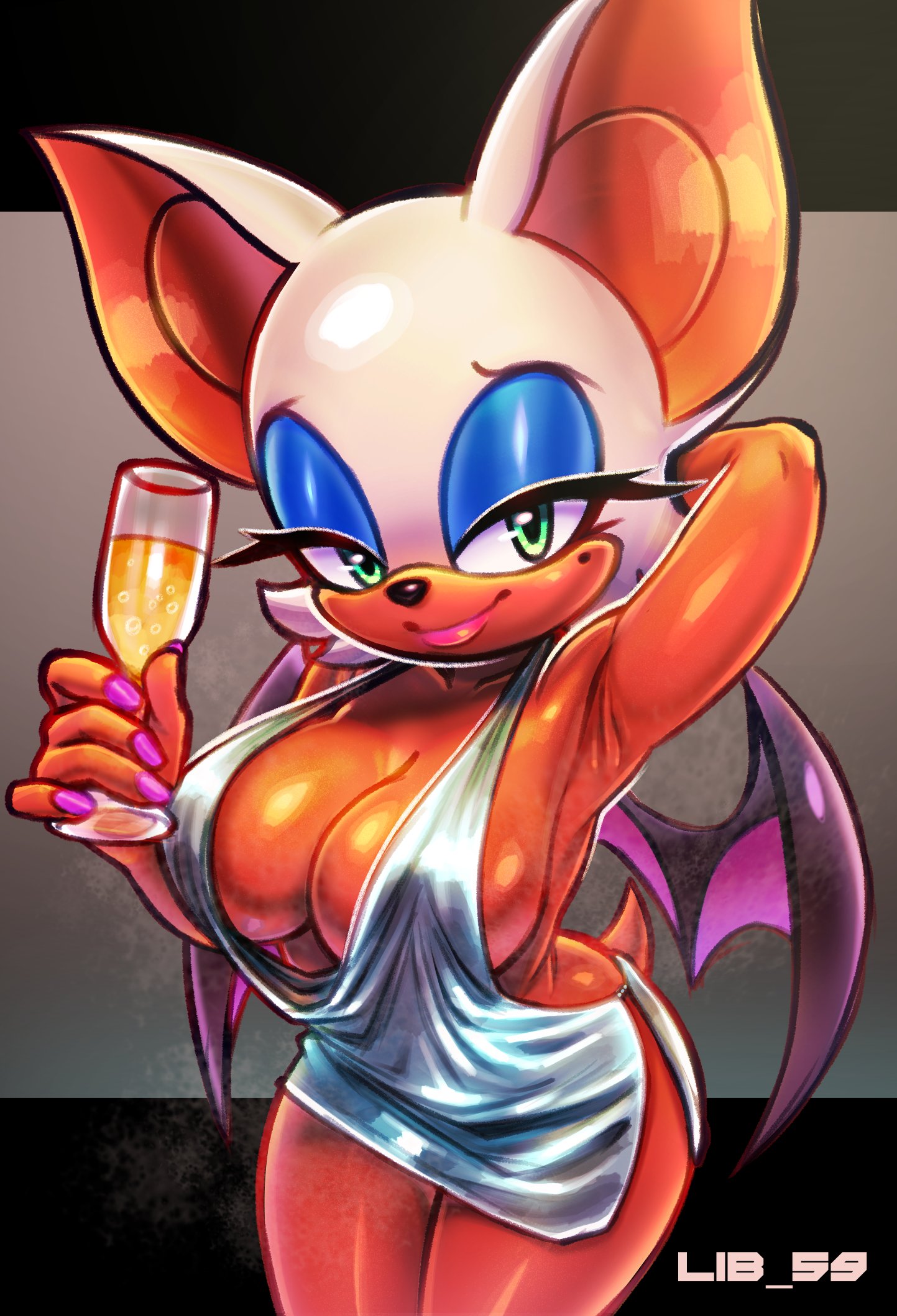 1girls, animal ears, animal tail, anthro, arm behind head, armpit, armwear, bat, bat wings, big breasts, bimbo, blue eyeshadow, breasts, cleavage, clothing, dress, drink, eyeshadow, female, female only, glass, green eyes, half-closed eyes, holding drink, huge breasts, lib 100, mole, mole under eye, nail polish, nails, pink nail polish, pink nails, rouge the bat, sega, skimpy, skimpy dress, solo, solo female, sonic (series), sonic the hedgehog (series), tail, thick thighs, thighs, white dress, wine glass, wings