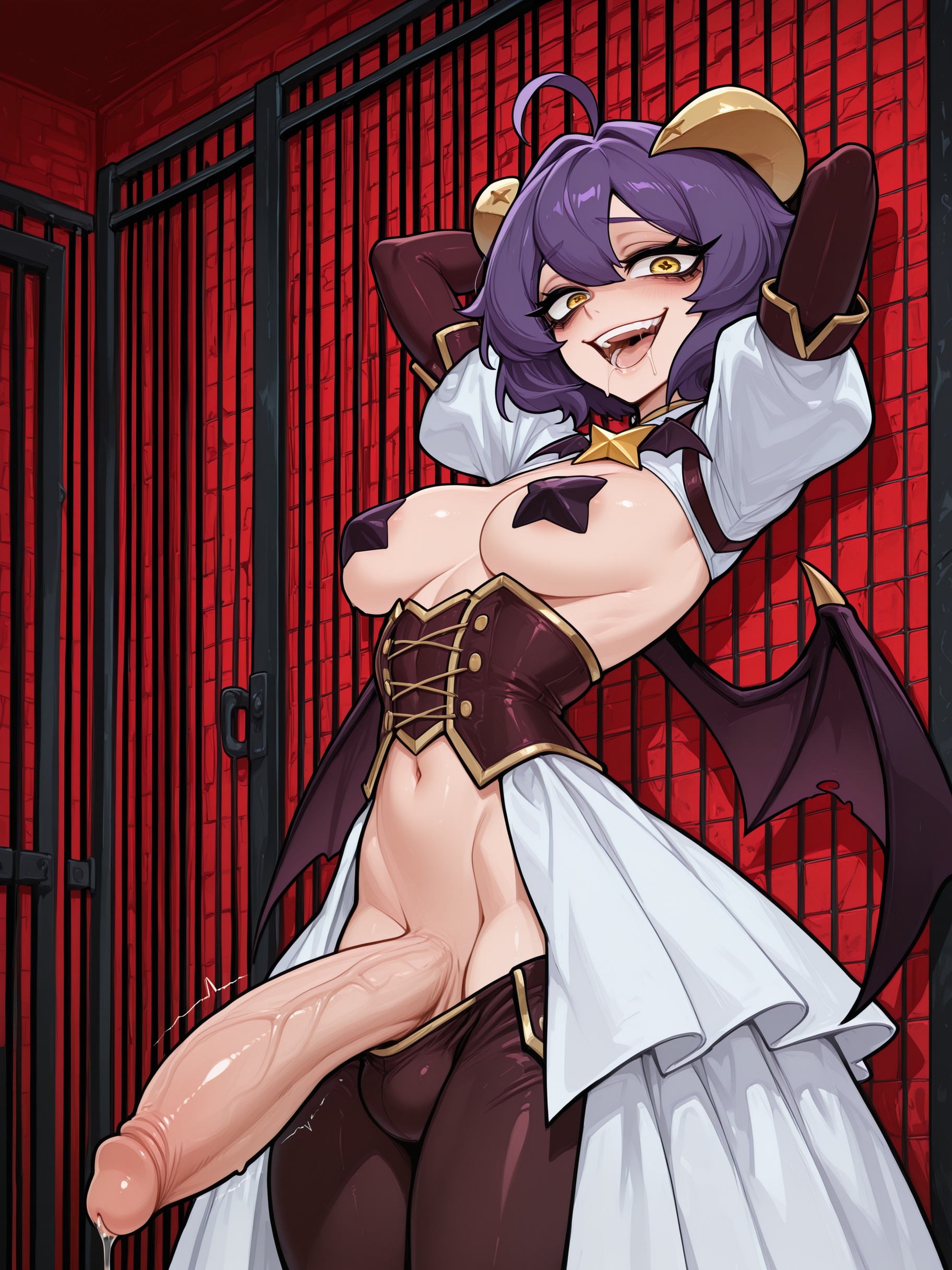 1futa, 1futanari, ai assisted, ai generated, ass, bdsm, bdsm outfit, big ass, big breasts, big butt, big hips, big penis, blush, blushing, breasts, cleavage, clothed, clothing, crazy eyes, crazy smile, dick, dickgirl, dominant, dungeon, eyebrows, eyelashes, eyewear, futanari, gloves, hair, hands behind head, hiiragi utena, horns, horny, huge cock, leather, leather pants, lips, lowleg, lowleg pants, magia baiser, mahou shoujo ni akogarete, makeup, medium breasts, medium hair, midriff, mistress, narrow waist, navel, nose, pants, pasties, penis, purple hair, purple pants, red wall, saliva, skirt, slit pupils, small breasts, smooth balls, smooth penis, smooth skin, tail, velfur (artist), wings, yellow eyes