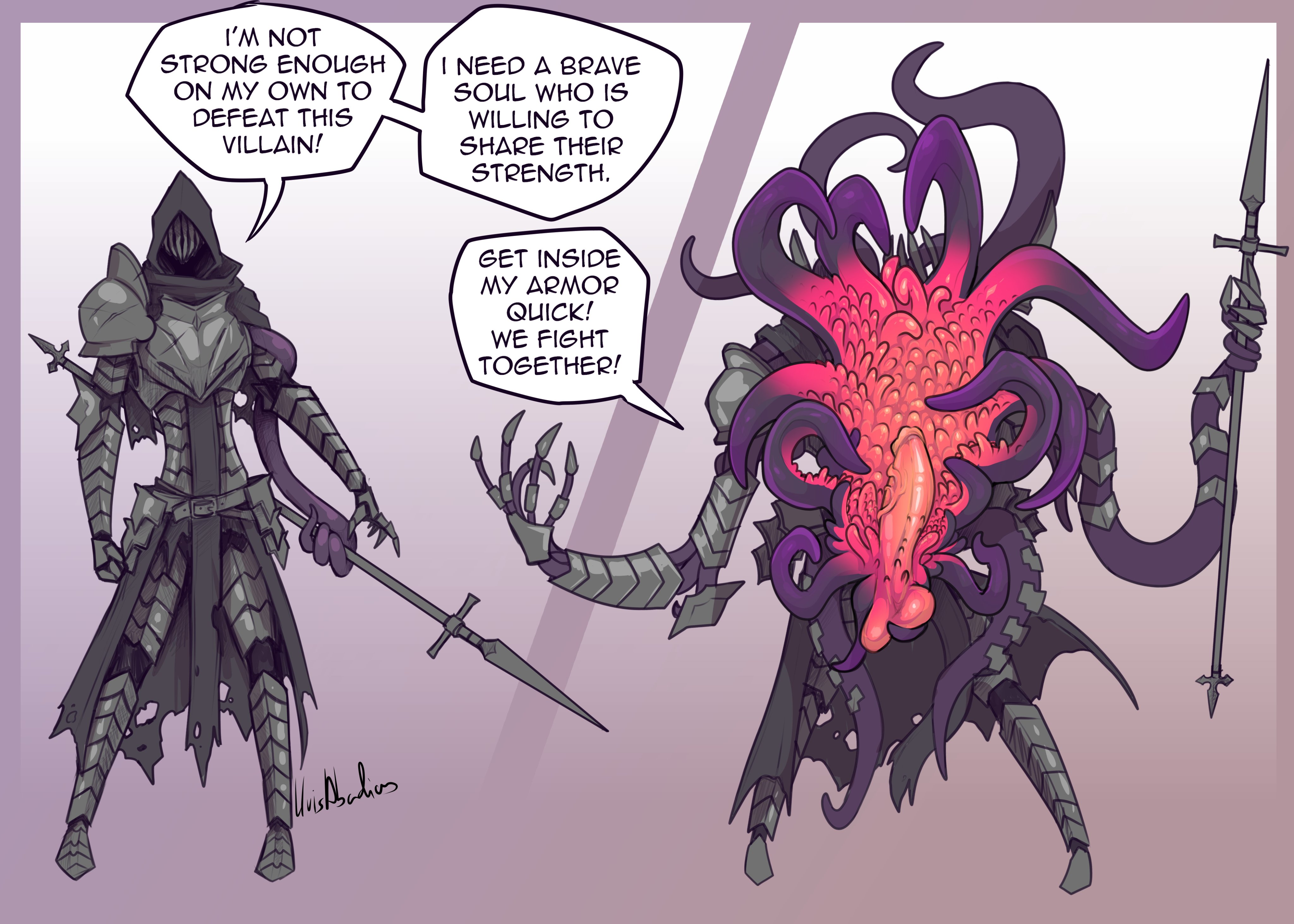 1boy, artist name, artist signature, big penis, color, colored, dialog, dialogue, living armor, lluisabadias, male, male only, monster, monster boy, multiple images, original, original character, penis, simple background, spear, tentacle, tentacles, teratophilia, unusual anatomy, weapon