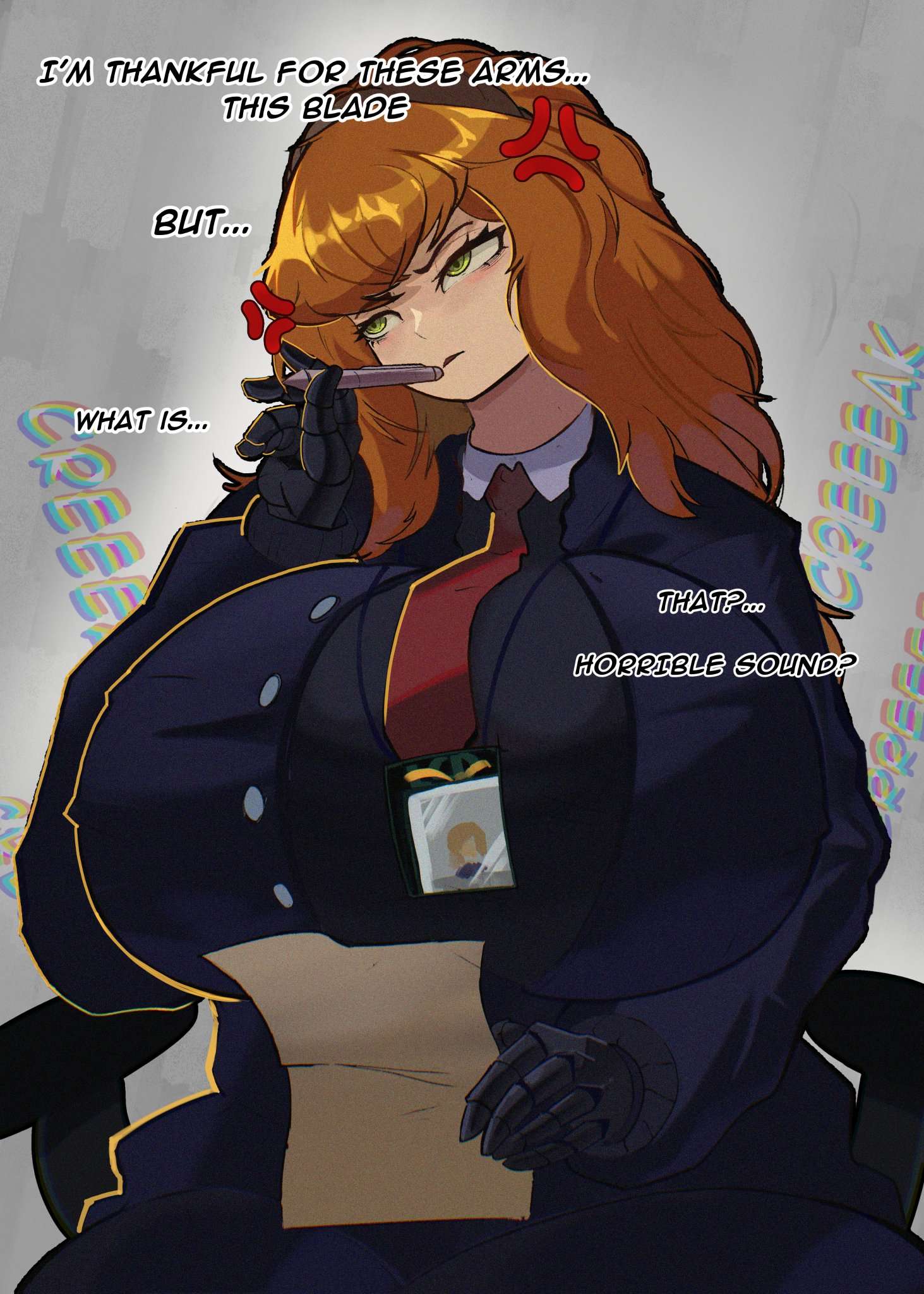 aeng-du (limbus company), creaking, english text, green eyes, id card, ishmael (limbus company), limbus company, onomatopoeia, orange hair, paper, pen in mouth, project moon, simple background, suit, suit and tie, teyo jominu