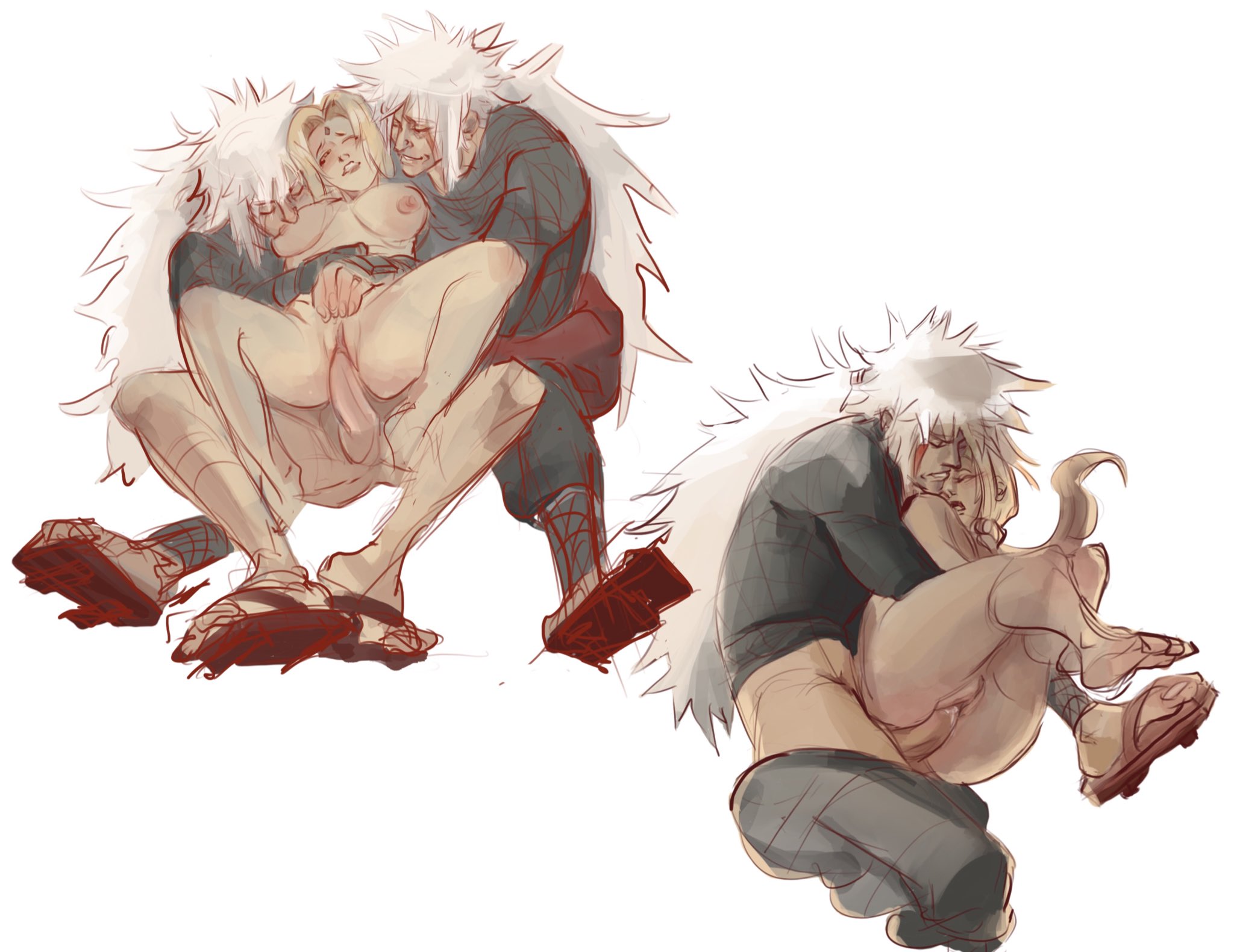 1boy, 1girls, balls, barefoot, big breasts, blonde, blonde hair, breasts, closed eyes, cum, cum in pussy, cum inside, drinking, drunk, duo, eyes closed, female, forehead mark, from behind, human, human only, jiraiya, long hair, male, mouth open, naruto, naruto (series), naruto shippuden, necklace, nipple suck, nipples, open mouth, orgasm face, pants down, pants pulled down, penis, pleasure face, pussy, sake, sex, silhouette, simple background, straight, sucking nipples, tsunade, vaginal penetration, vaginal sex, white background, white hair