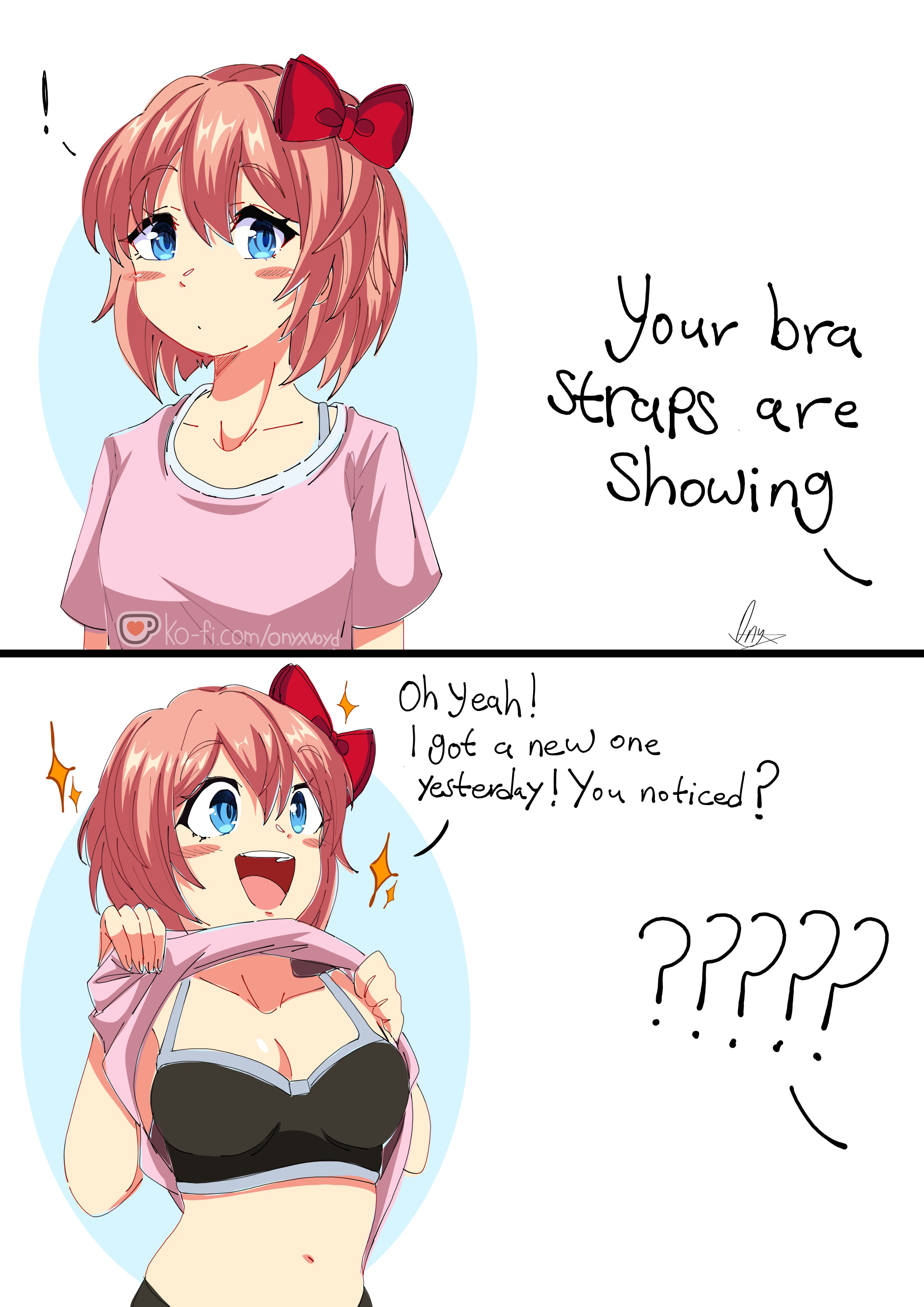 bra, bra strap is showing (meme), doki doki literature club, flashing, flashing breasts, lifting shirt, onyxvoyd, sayori (doki doki literature club), showing breasts