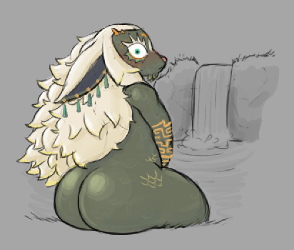 1boy, anthro, ass, blush, chubby, furry, male, nude, rauru (tears of the kingdom), tagme, tears of the kingdom, the legend of zelda, the legend of zelda: tears of the kingdom, water, zlut385, zonai