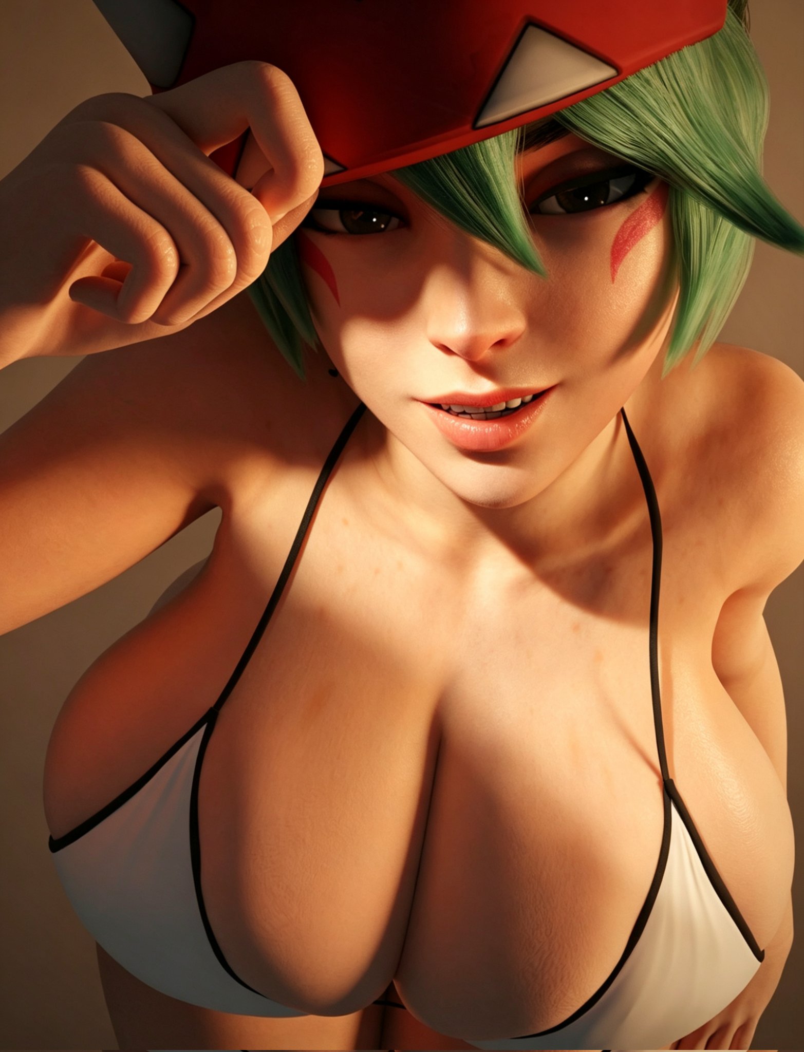 3d, 3d model, 3d render, bikini, bikini top, boobs, breasts, cleavage, huge boobs, huge breasts, kiriko (overwatch), large breasts, looking at viewer, massive breasts, overwatch, overwatch 2, scrag boy (model), scrag boy (style), tanqian6918, tits, top heavy, viewed from above