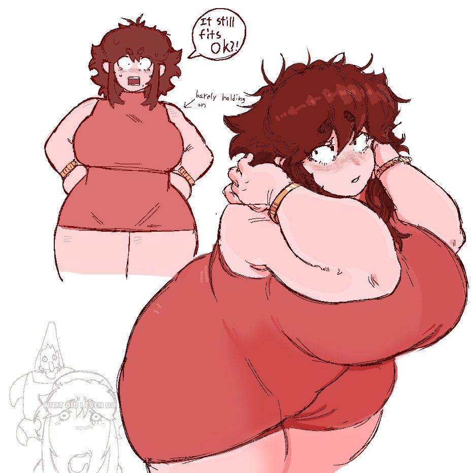 1girls, 2020s, 2026, 2026s, arms behind head, auburn hair, bbw, chubby, chubby female, digital drawing (artwork), digital media (artwork), friday night funkin, friday night funkin mod, girlfriend (friday night funkin), hips wider than shoulders, huge breasts, huge thighs, korean nooby (artist), leatherface patrick (friday night funkin), looking at viewer, massacre girlfriend (friday night funkin), millie (mistful crimson morning), minidress, mistful crimson morning, nervous, nervous sweat, oc, original, patrick star, red dress, spongebob squarepants, surprised, thick thighs, tight clothing, weight gain, wide hips