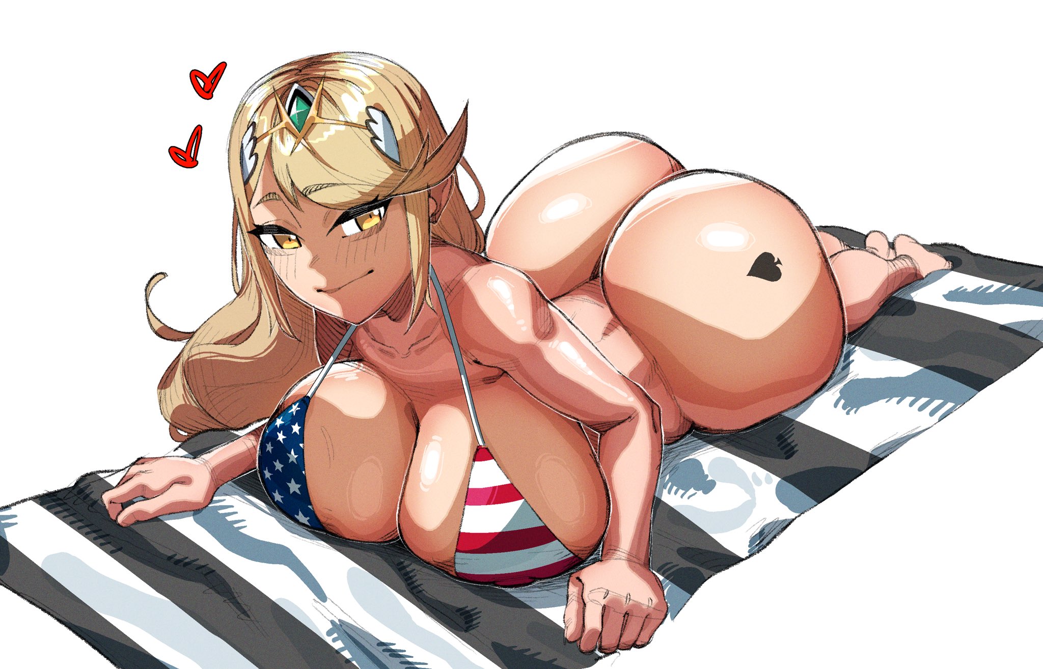1girls, 2026, american flag bikini, ass, ass tattoo, beach towel, big ass, big breasts, bikini, bikini top, bottom heavy, bottomless, bottomless female, breasts, bubble butt, busty, fat ass, female, female only, huge ass, huge breasts, large ass, large breasts, light skin, light-skinned female, looking at viewer, lying, lying on stomach, makinakid, monolith soft, mythra, mythra (xenoblade), nintendo, queen of spades, solo, spade, spade tattoo, tattoo, thick ass, thick thighs, thunder thighs, wide hips, xenoblade (series)