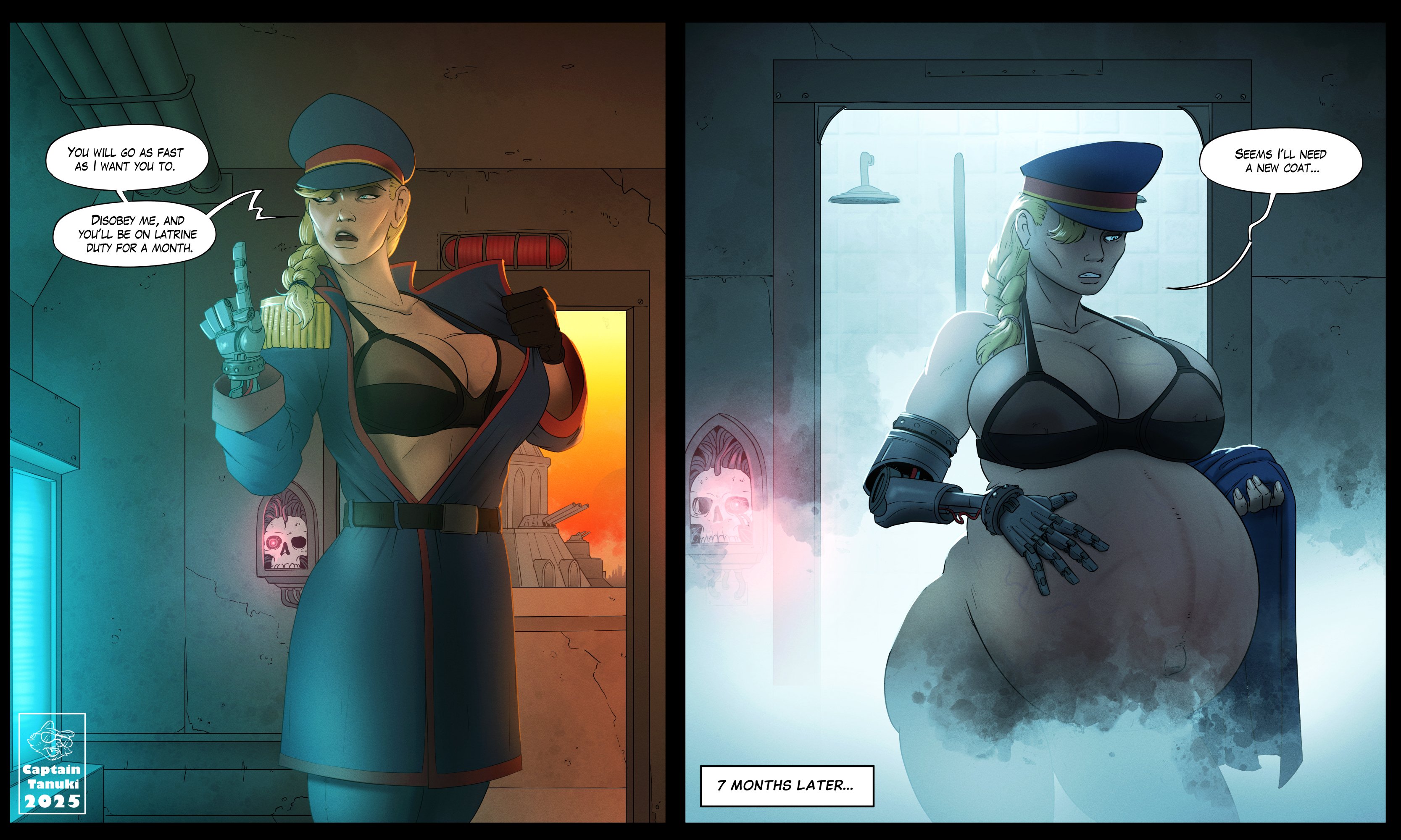 1girls, astra militarum, belly, big belly, big breasts, blonde hair, bra, breasts, captain tanuki, character request, cleavage, commissar, dialogue, female, imperial guard, imperium of man, large breasts, pregnant, solo, text, warhammer (franchise), warhammer 40k