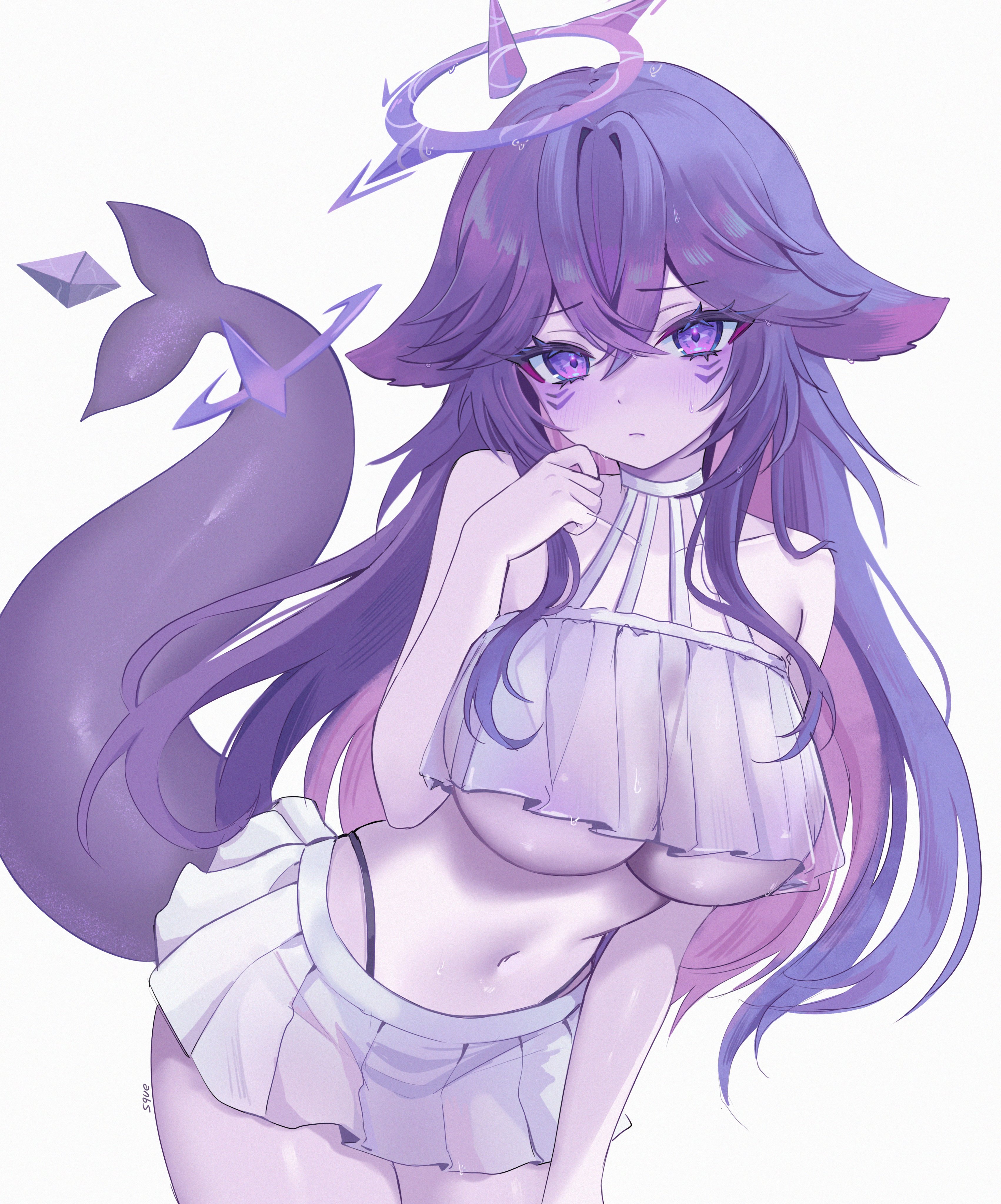 1girl, 1girls, absurdres, bikini, breasts, colored inner hair, colored skin, female, fins, fish tail, frilled bikini, frills, hair between eyes, halo, highres, indie virtual youtuber, large breasts, long hair, mark under both eyes, megalodon (vtuber), multicolored hair, navel, purple eyes, purple hair, purple halo, purple skin, shark girl, shark tail, solo, swimsuit, tail, thighs, tits, underboob, virtual youtuber, vtuber, white background, zxcsque