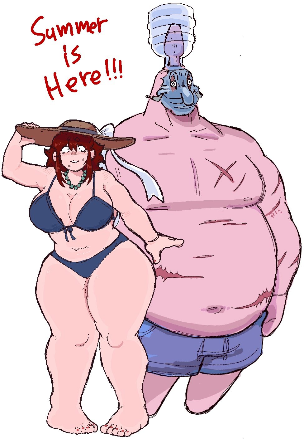 1boy, 1girls, auburn hair, beach, beach background, big breasts, bikini, bottom heavy, chubby, chubby female, fat, fat male, female, friday night funkin, friday night funkin mod, girlfriend (friday night funkin), happy, hat, hips wider than shoulders, hourglass figure, huge breasts, korean nooby (artist), large breasts, leatherface patrick (friday night funkin), male, male and female focus, mask, masked, massacre girlfriend (friday night funkin), millie (mistful crimson morning), mistful crimson morning, obese, obese male, oc, overweight, overweight male, patrick star, pink body, shorts, skin mask, spongebob squarepants, star, starfish, sweatdrop, thick thighs, thighs, wide hips, wind