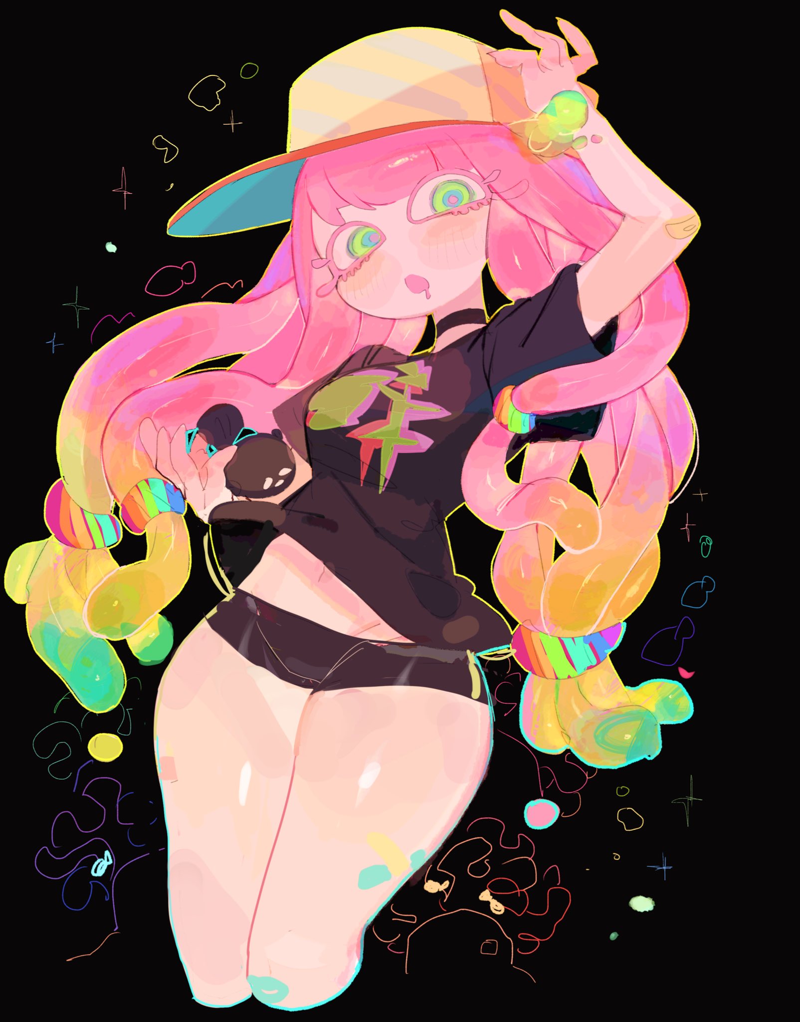 1girls, belly button, choker, fully clothed, gradient hair, harmony (splatoon), harmony's clownfish (splatoon), hat, medium breasts, petite, petite body, petite female, pink hair, shorts, simple background, solo female, source request, splatoon, thick thighs, two-tone hair, usa37107692