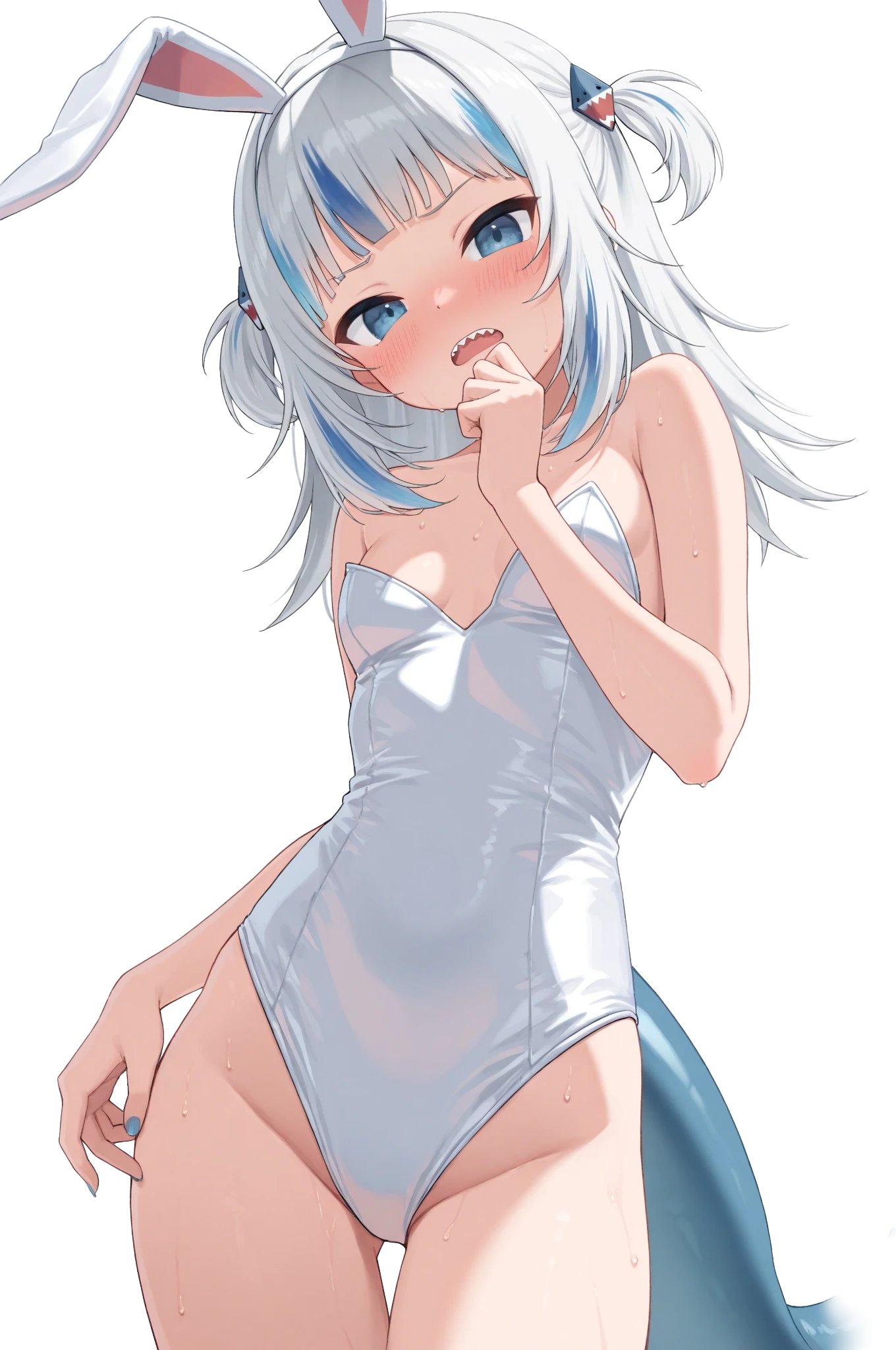 ai generated, blue hair, blush, blushing, bunny ears, bunnysuit, gawr gura, hololive, hololive english, light-skinned female, petite, petite female, shark tail, small breasts, virtual youtuber