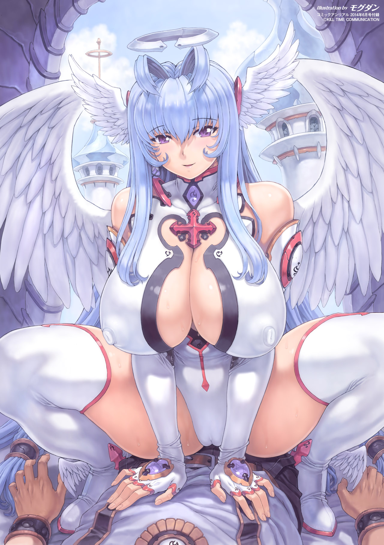 1girls, angel, angel wings, bangs, bodysuit, breasts, cameltoe, cleavage, erect nipples, female, head wings, huge breasts, impossible clothes, long hair, mogudan, nipples, purple eyes, pussy, solo, spread legs, thighhighs, wings