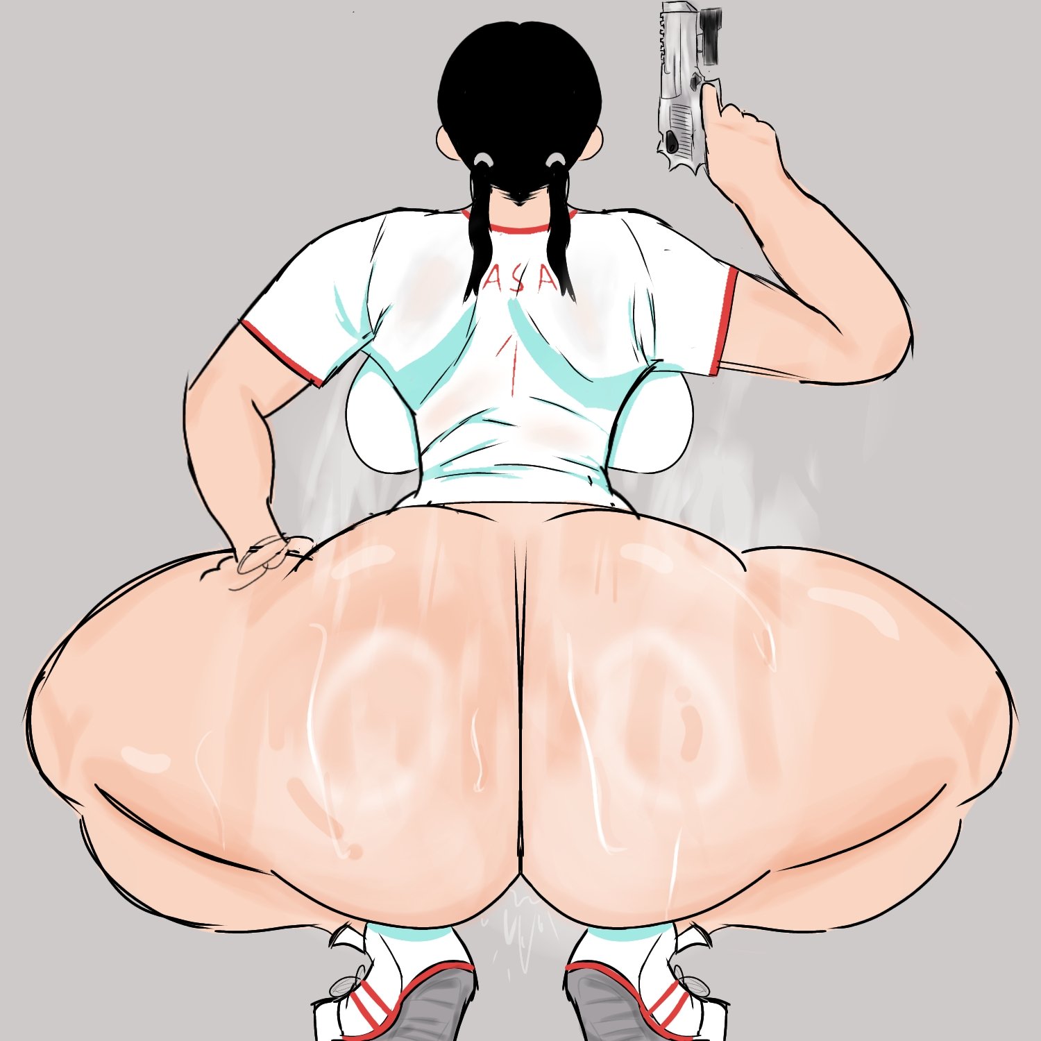 1girls, ass, ass focus, big ass, big breasts, black hair, bottomless, breasts, chainsaw man, clothing, dumptruck ass, female, female focus, female only, gun, huge ass, huge breasts, mitaka asa, no panties, solo, solo female, solo focus, squatting, sweat, sweating, sweaty, sweaty ass, sweaty body, thick, thick ass, thick thighs, thunder thighs, twintails, unknownbag, weapon