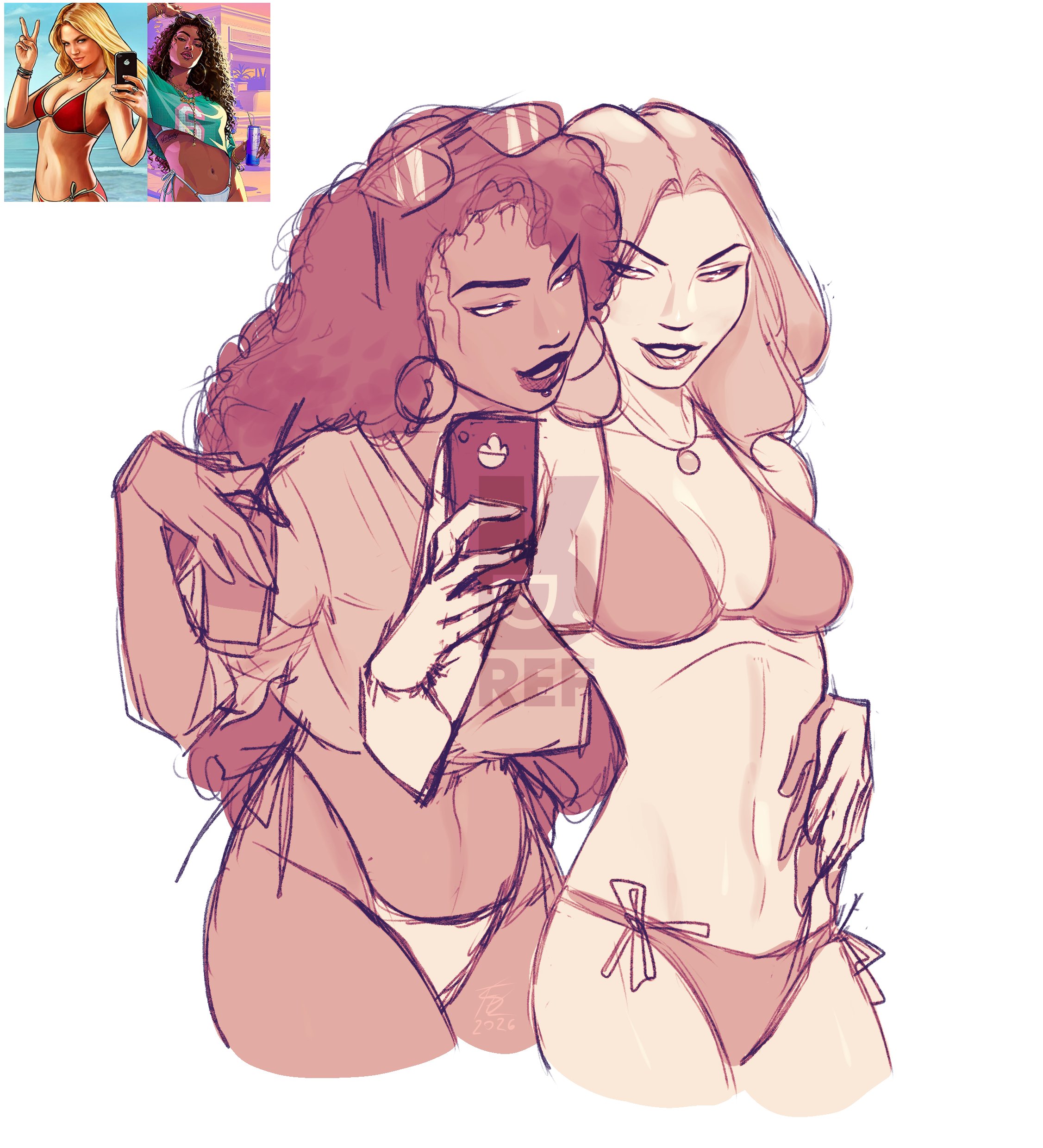 2girls, bikini, bikini bottom, bikini top, female, female only, grand theft auto, grand theft auto v, grand theft auto vi, gta vi cover girl, gtav cover girl, interracial, interracial yuri, long hair, phone, shirt, standing, standing up, twitter, unnamed character, very long hair, video game character, video game franchise, video games, yuri
