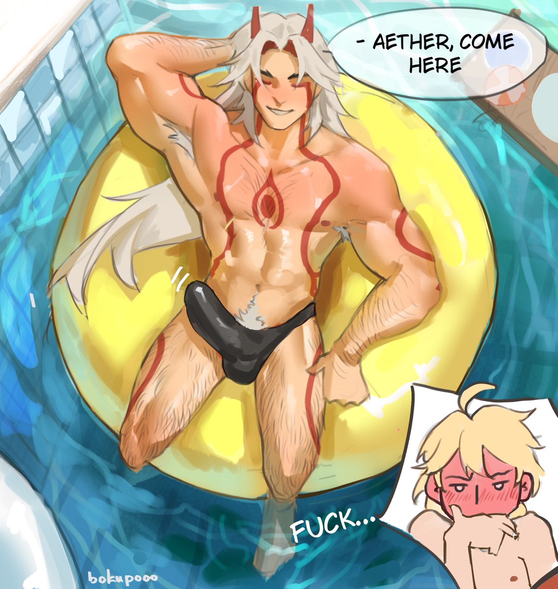 2boys, abs, aether (genshin impact), age difference, arataki itto, big dom small sub, big penis, blush, blushed face, blushing, bokupooo, bulge, dilf, dirty talk, english, english text, erect penis, erection, femboy, gay, gay sex, genshin impact, height difference, hint, huge cock, imminent penetration, imminent sex, inviting, inviting to sex, large penis, male, male only, male/male, nervous, outdoors, outside, pecs, pool, pubic hair, seductive, shaking, shy, size difference, sweatdrop, sweating, sweaty body, tattoo, tattoo on chest, tattoos, text, text bubble, trap, water, yaoi