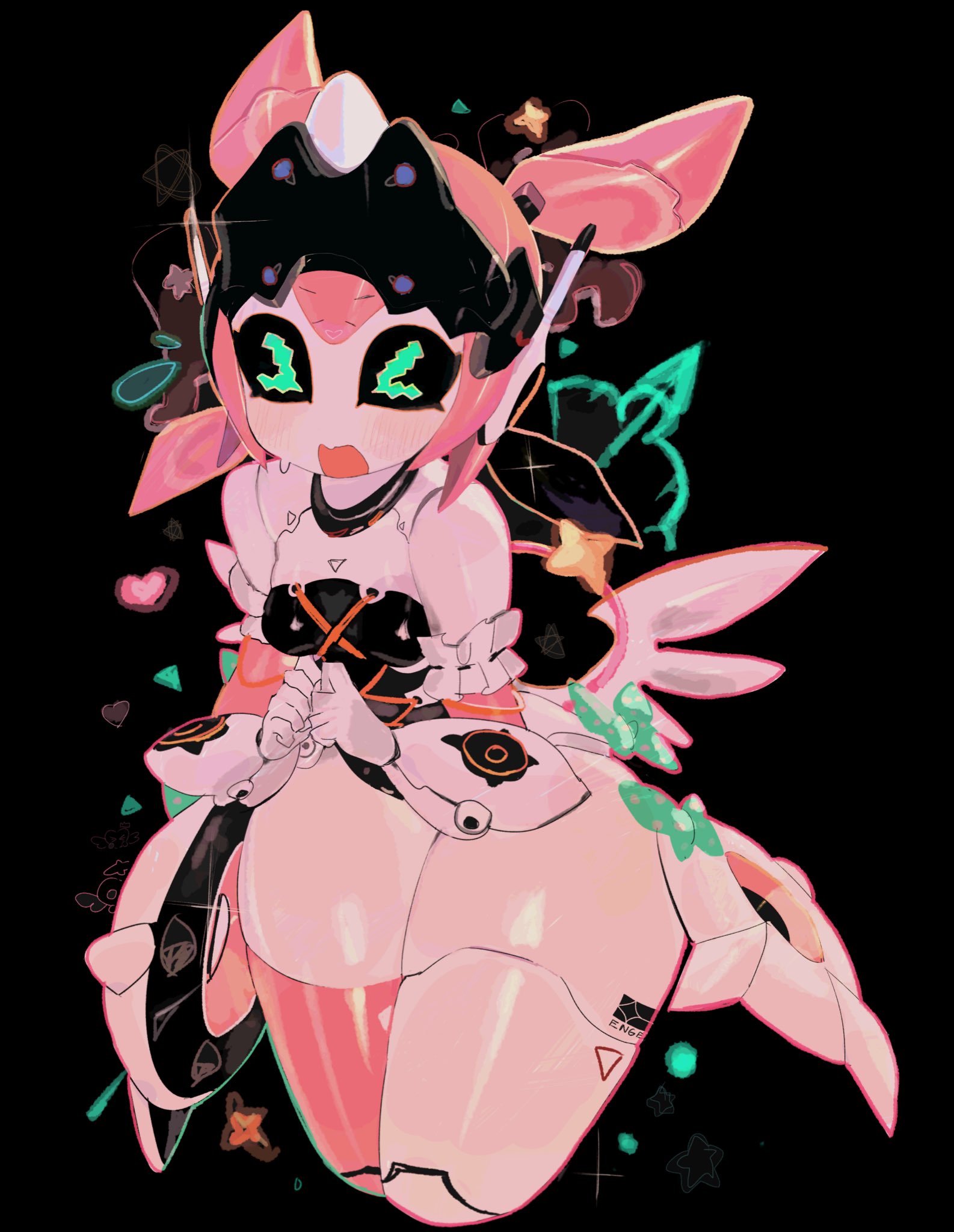 > <, 1girl, 1girls, angels of delusion, aria (zenless zone zero), aria (zenless zone zero) (robot form), black background, black sclera, blush, blushing, bottom heavy, bow, breasts, closed eyes, female, female focus, green bow, green eyes, headpiece, hips, hips wider than shoulders, hoyoverse, mihoyo, pink, pink hair, robot, robot girl, robot humanoid, small breasts, solo female, thick thighs, thighs, usa37107692, wide hips, wings, zenless zone zero