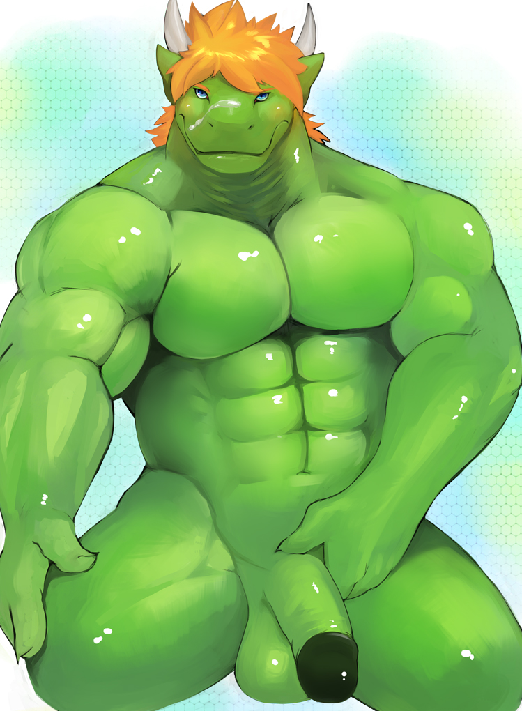 abs anthro balls biceps big_penis blue_eyes cum cum_on_face hair horn iceman1984 male_only muscles pecs penis reptile rouken scalie