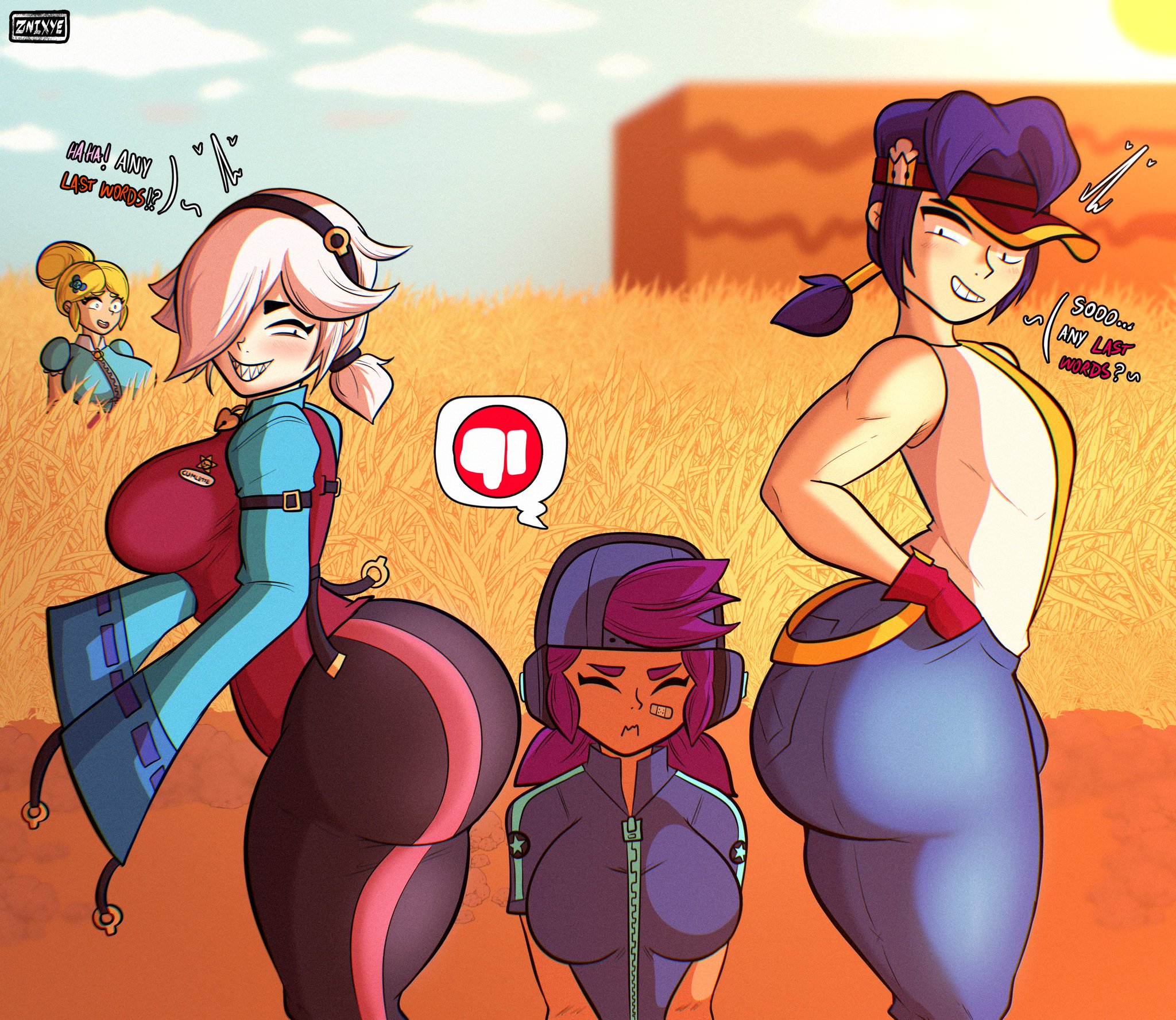1boy, 1boys, 1girl, 1girls, 2girls, 2girls1boy, 3girls, 3girls1boy, ass, asses, back pockets, big ass, blue jeans, brawl stars, butts, colette (brawl stars), fang (brawl stars), female/female, femboy, jeans, male, male/female, penis bulge, shelly (brawl stars), star shelly, tagme, yuri, znixye