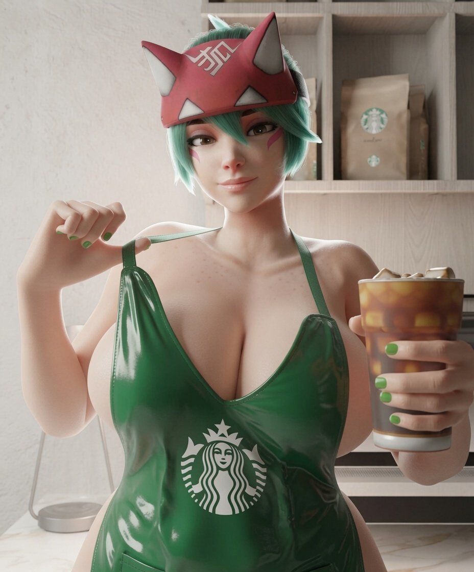 1girls, 3d, apron only, asian, asian female, big boobs, big breasts, blizzard entertainment, boobs, breasts, coffee, female, female focus, female only, green hair, green hair female, japanese, japanese female, kiriko (overwatch), kiriko kamori, large boobs, large breasts, latte, looking at viewer, overwatch, overwatch 2, scrag boy (model), scrag boy (style), solo, solo female, solo focus, starbucks, starbucks barista, tanqian6918