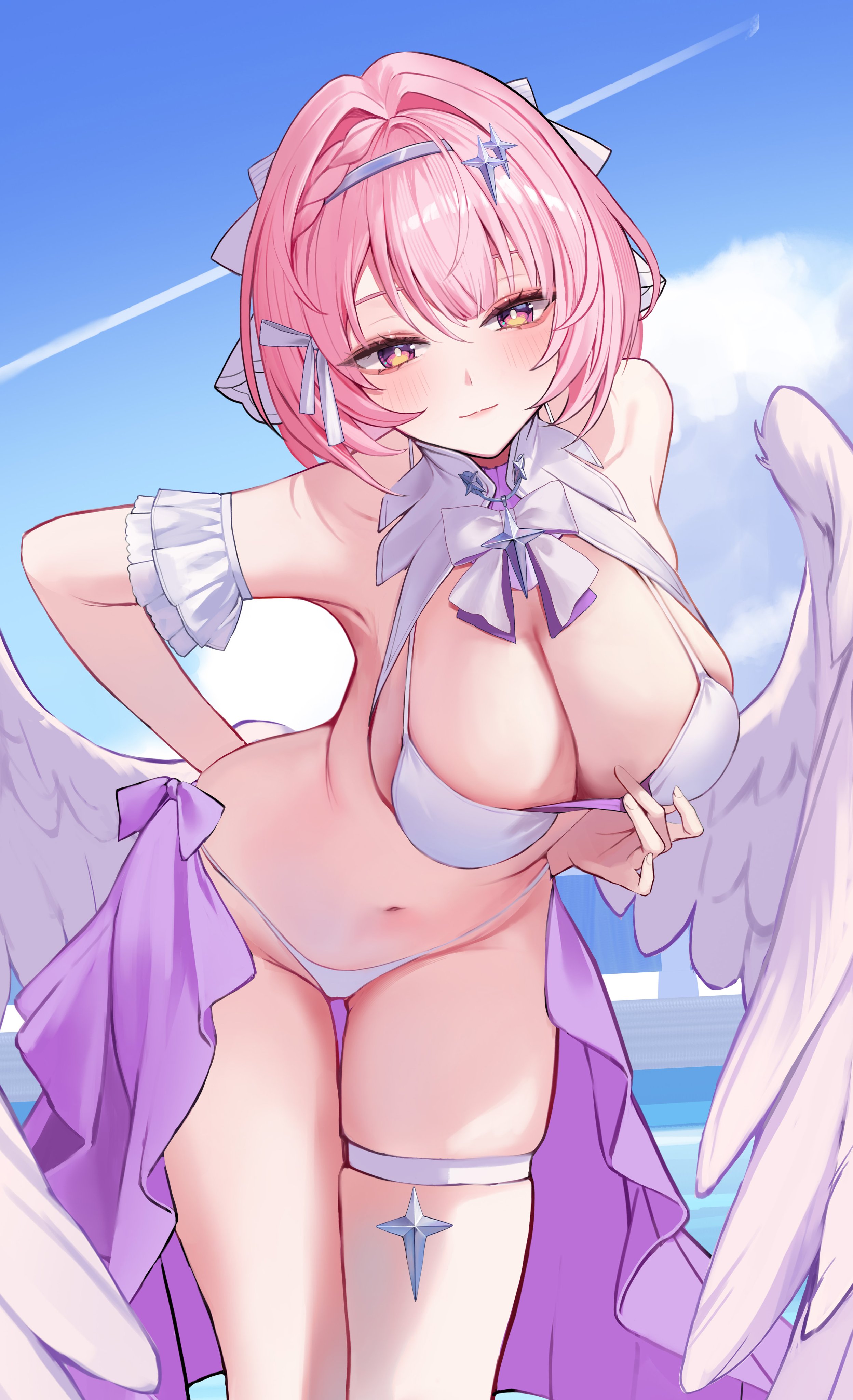 1girls, big breasts, breasts, breasts out, exposed breasts, female, large breasts, pink hair, purple eyes, remielle (zenless zone zero), remielle dan, short hair, swimsuit, white swimsuit, white wings, wings, yuna pang, zenless zone zero
