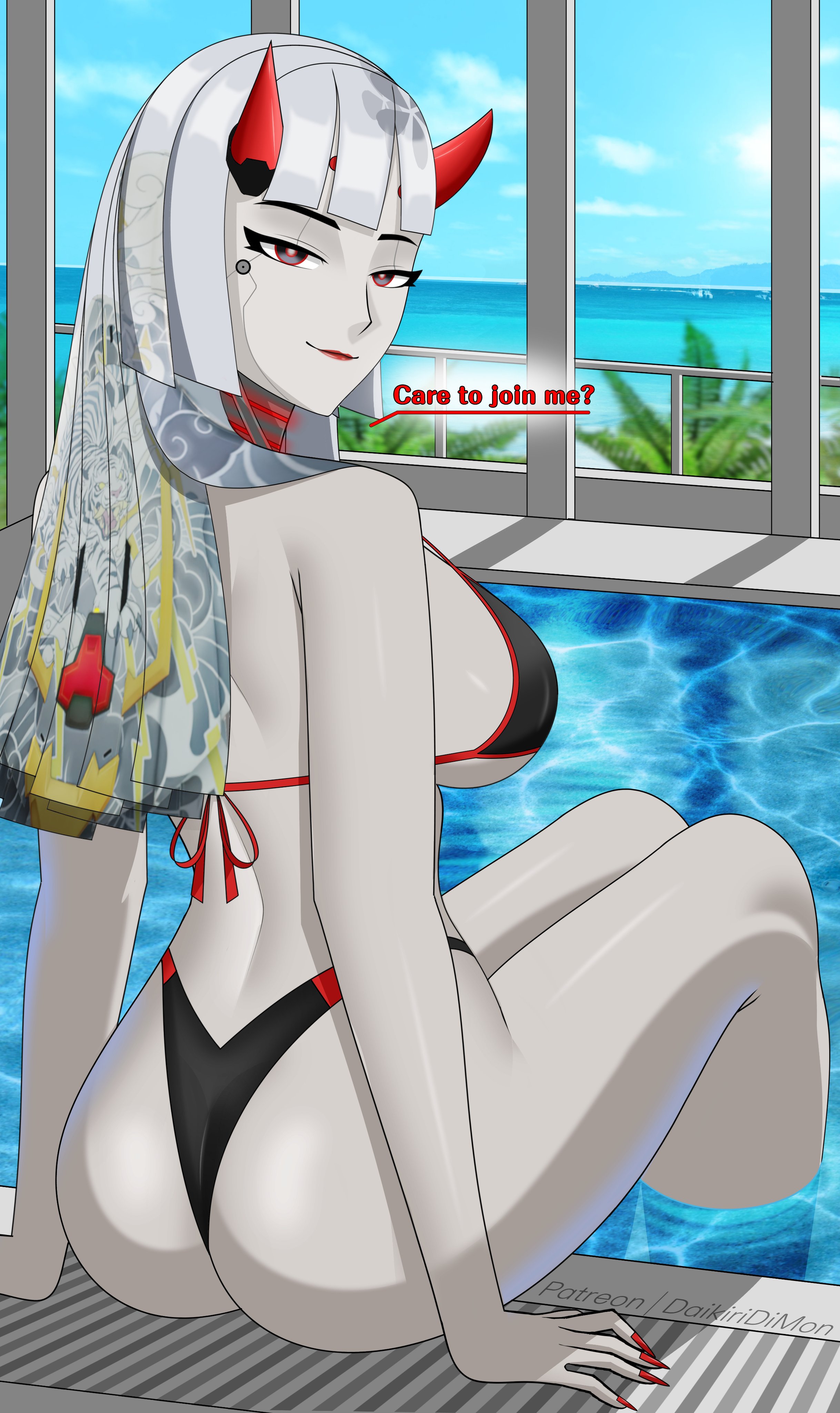 2d, ass, bikini, daikiri di mon, horns, overwatch, overwatch 2, patreon username, pool, red eyes, red lipstick, robot, robot girl, shion (overwatch), sitting, smiling, smiling at viewer, talking to viewer, white hair
